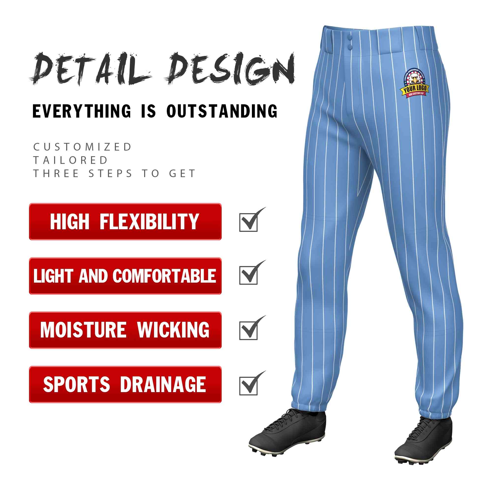 Custom Light Blue White Pinstripe Fit Stretch Practice Pull-up Baseball Pants Secondary image