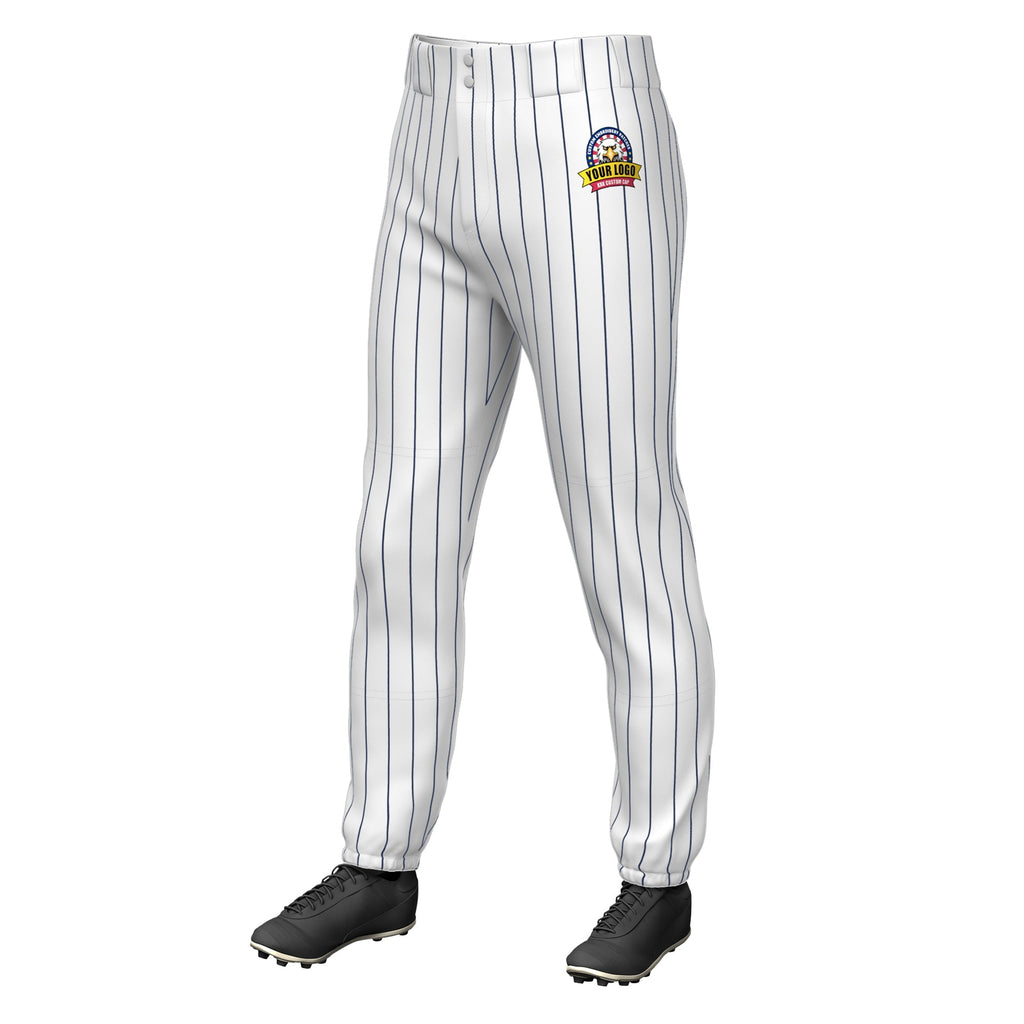 Custom White Navy Pinstripe Fit Stretch Practice Pull-up Baseball Pants