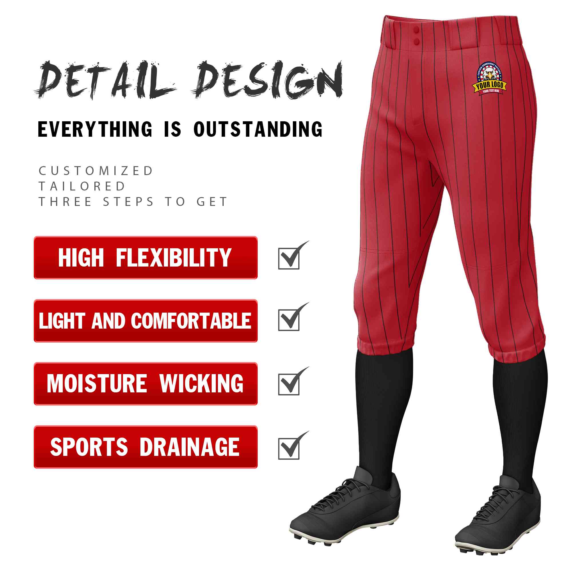 Custom Red Black Pinstripe Fit Stretch Practice Knickers Baseball Pants Secondary image
