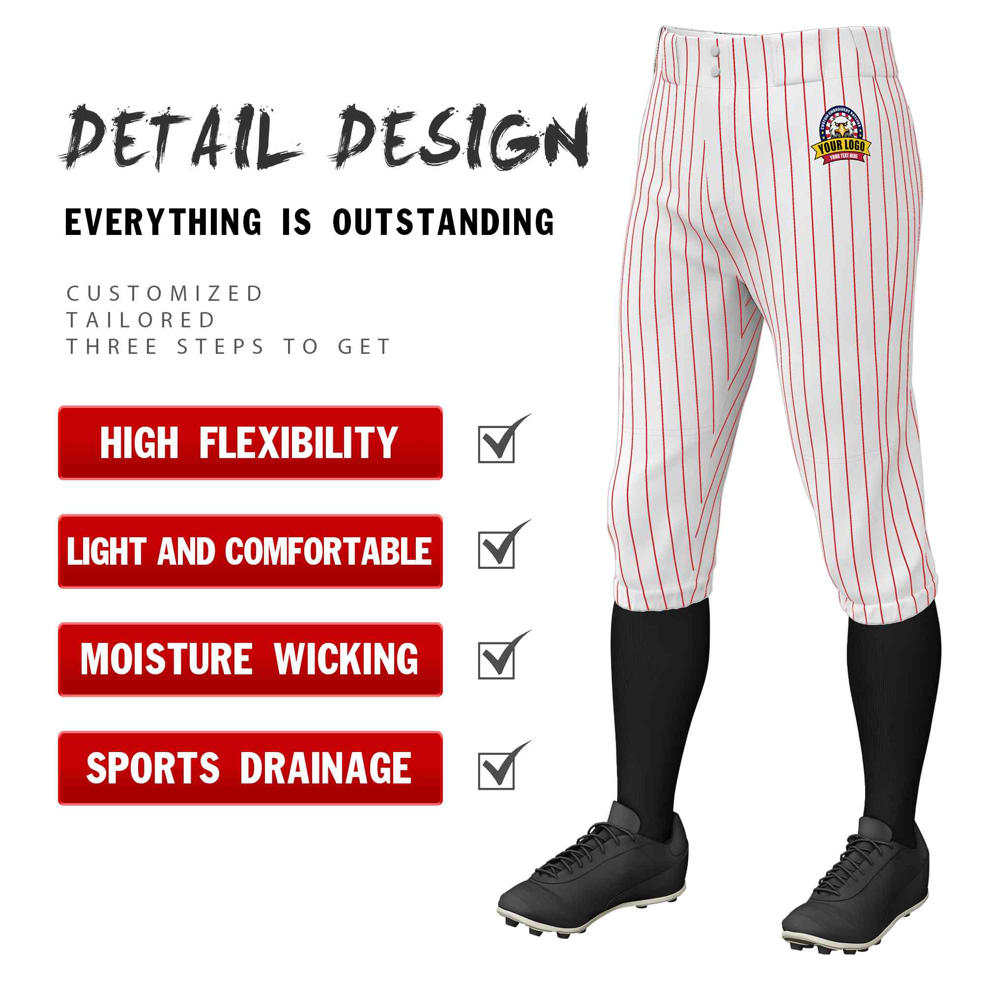 Custom White Red Pinstripe Fit Stretch Practice Knickers Baseball Pants Secondary image