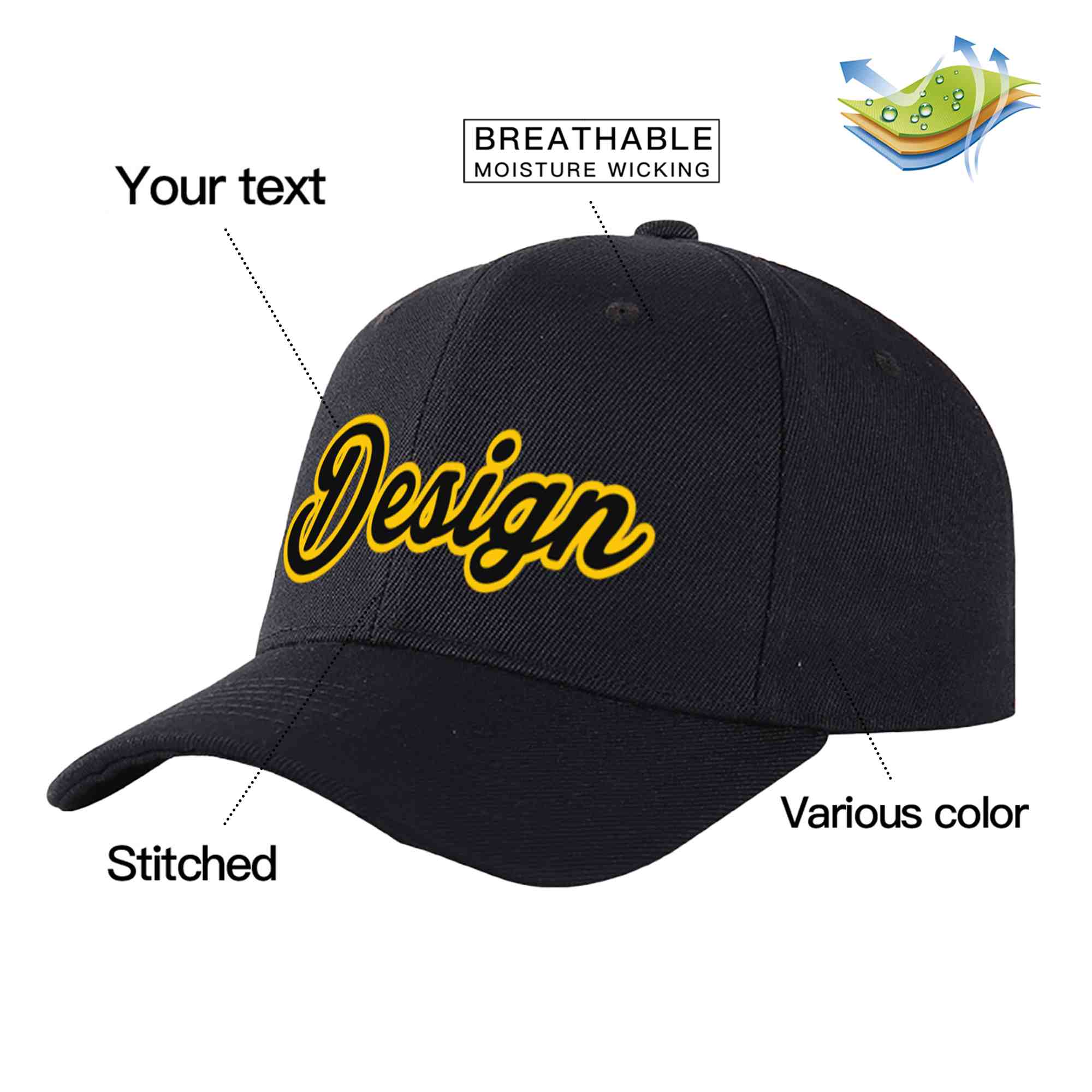 Custom Black Black-Gold 3D Puff Embroidery Flat Embroidery Curved Eaves Sport Design Baseball Cap Secondary image
