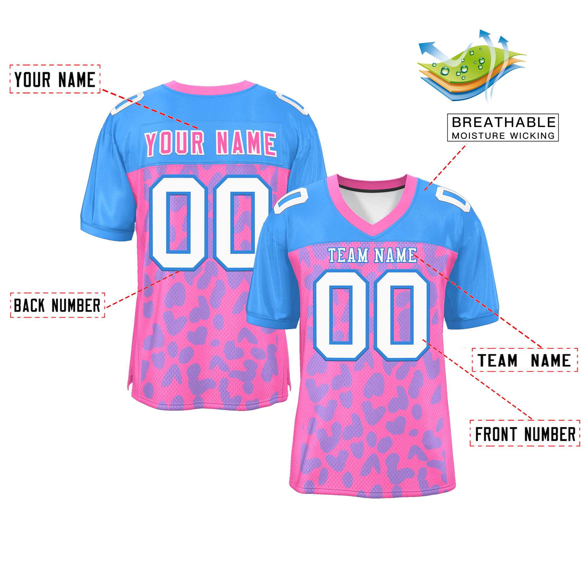 Custom Pink Powder Blue Raglan Sleeves Personalized Camo Authentic Football Jersey Secondary image