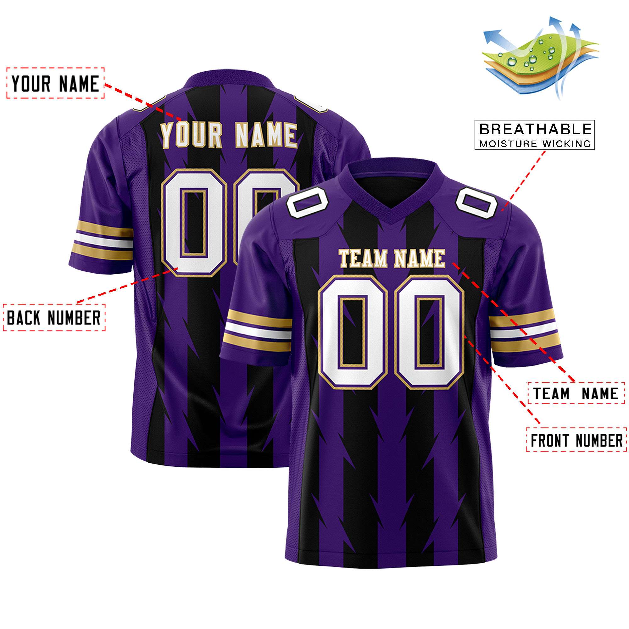Custom Black Purple Personalized Razr Stripe Graffiti Pattern Flag Football Jersey Secondary image