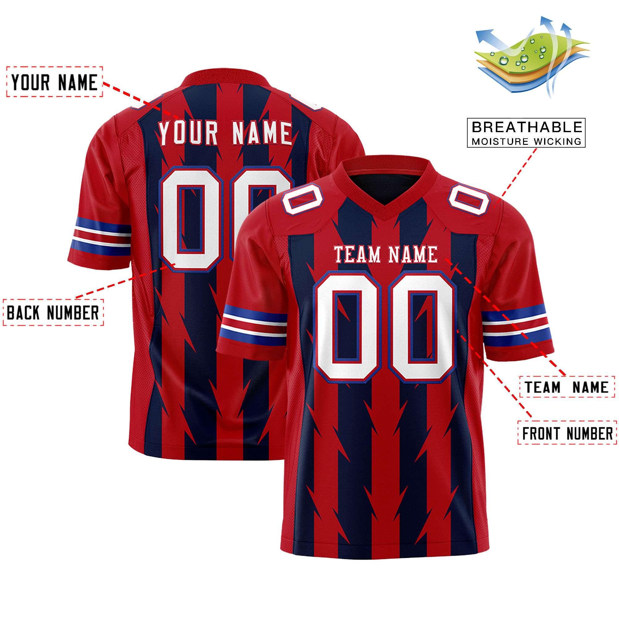 Custom Navy Red Personalized Razr Stripe Graffiti Pattern Flag Football Jersey Secondary image
