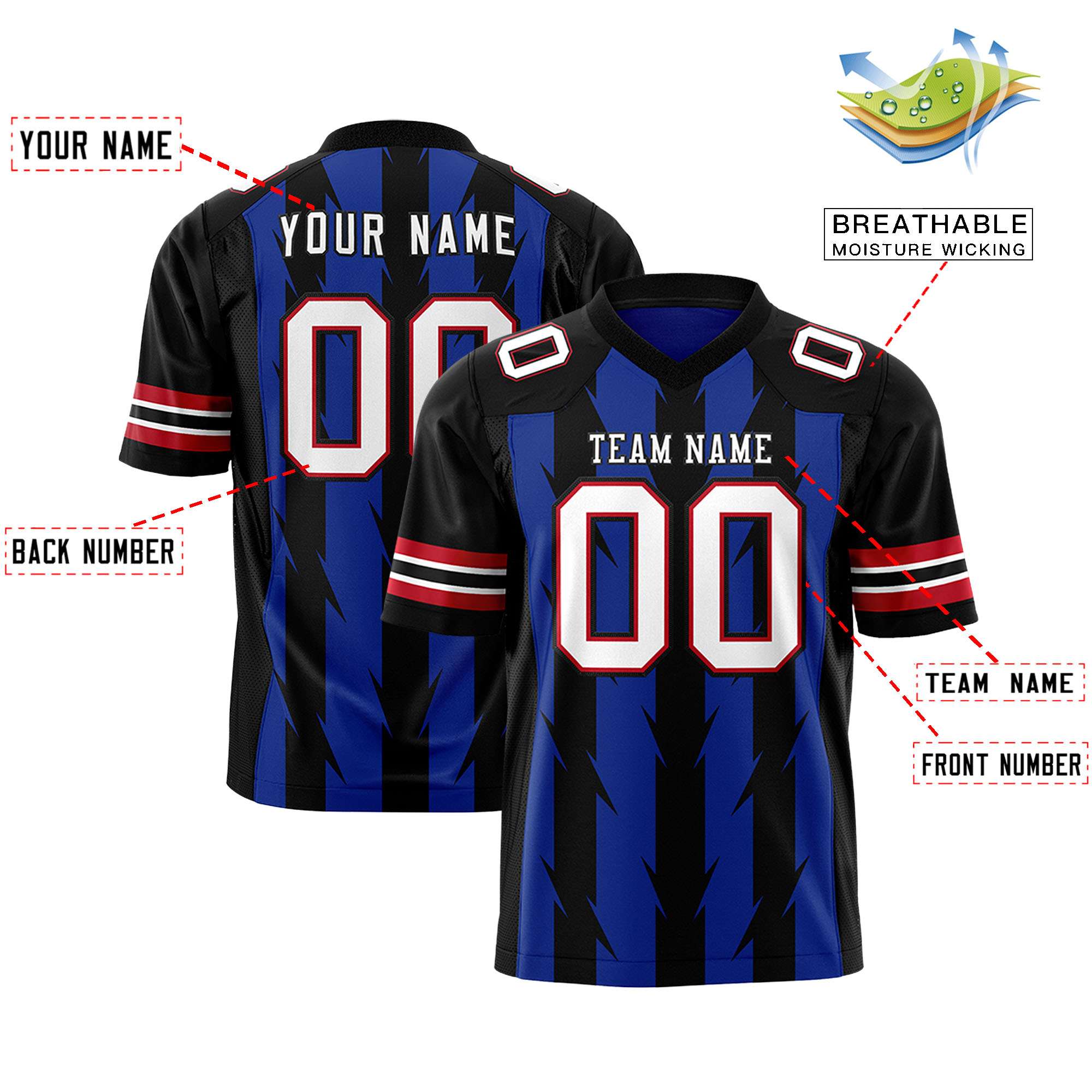Custom Royal Black Personalized Razr Stripe Graffiti Pattern Flag Football Jersey Secondary image