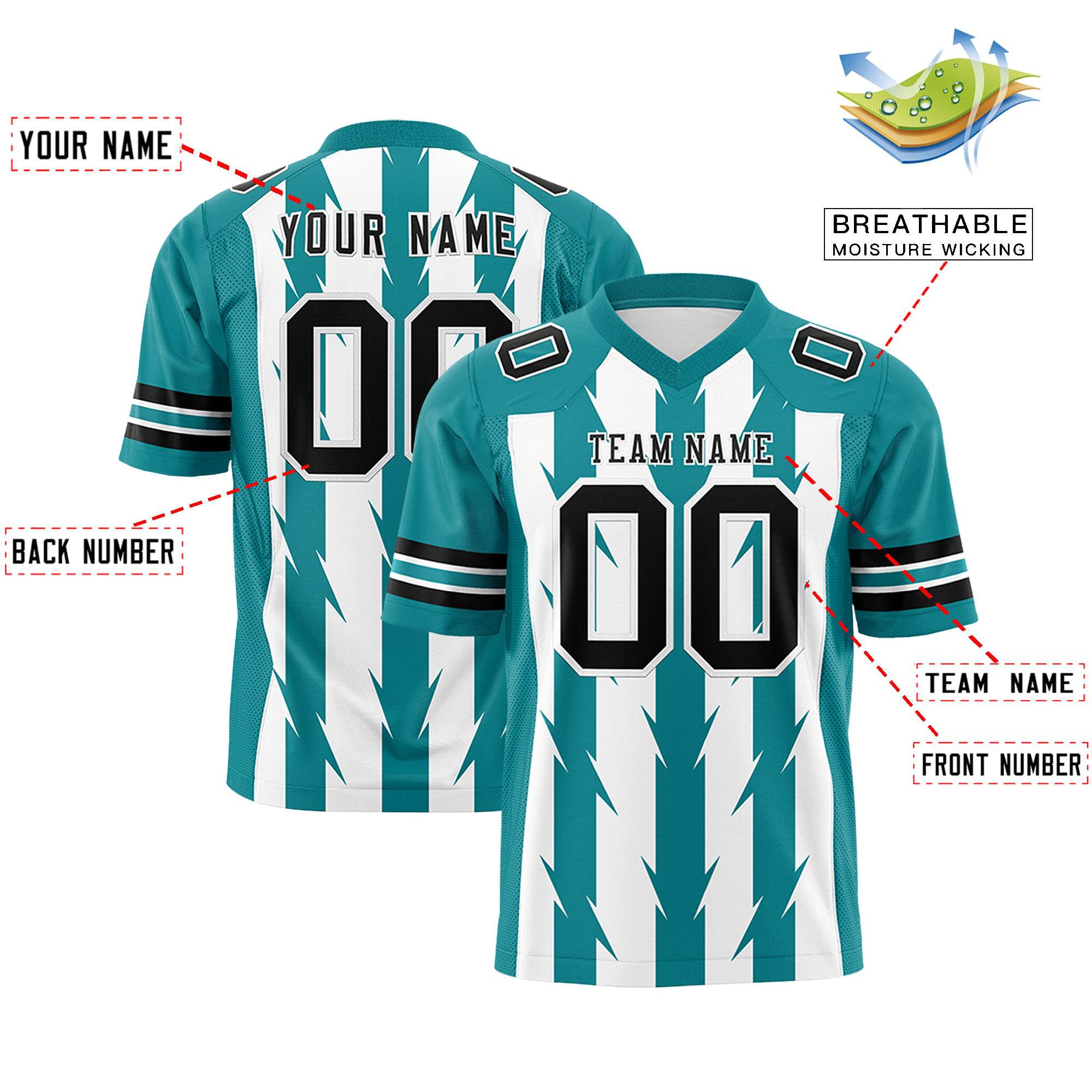 Custom White Aqua Personalized Razr Stripe Graffiti Pattern Flag Football Jersey Secondary image