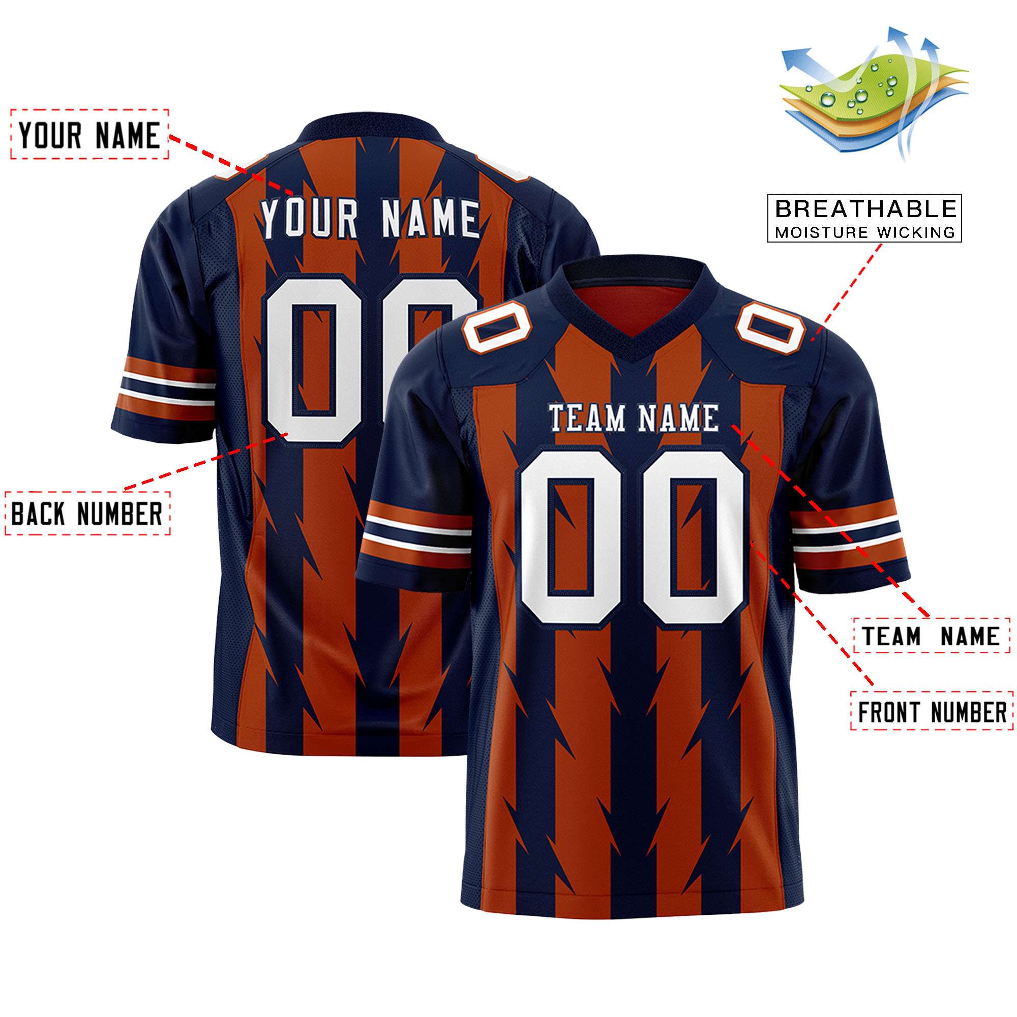 Custom Texas Orange Navy Personalized Razr Stripe Graffiti Pattern Flag Football Jersey Secondary image
