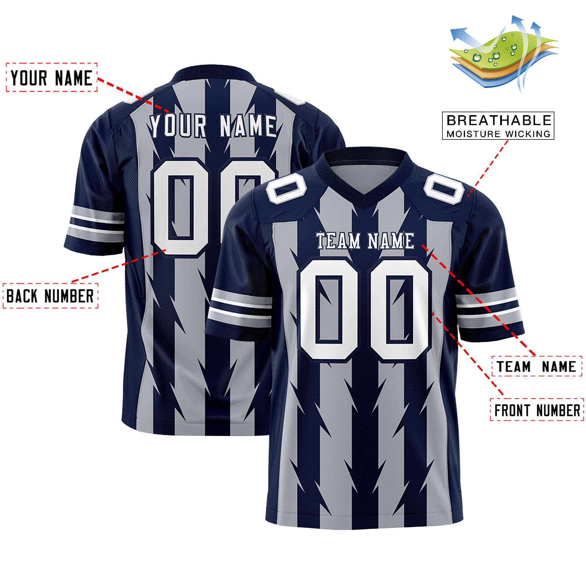 Custom Gray Navy Personalized Razr Stripe Graffiti Pattern Flag Football Jersey Secondary image