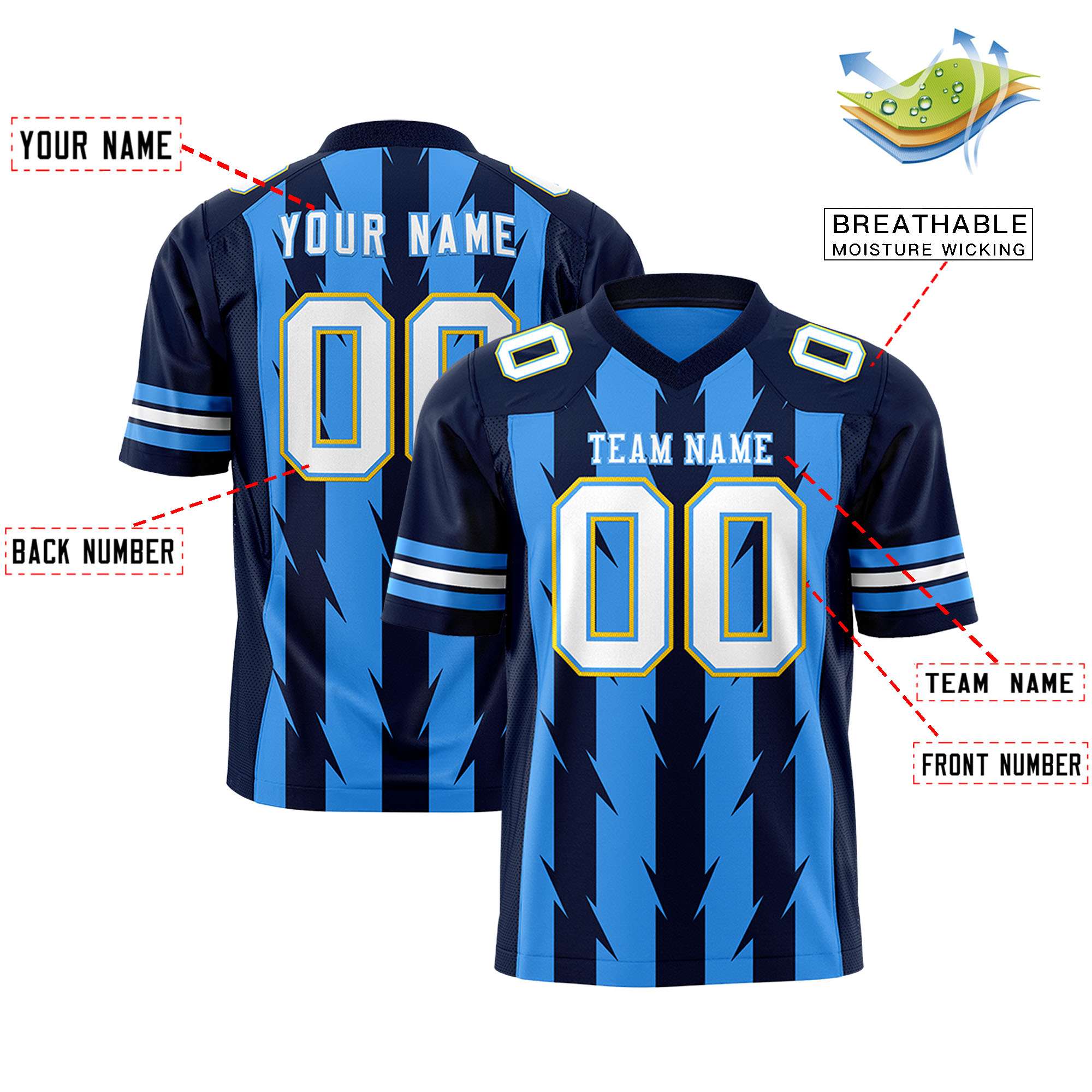 Custom Powder Blue Navy Personalized Razr Stripe Graffiti Pattern Flag Football Jersey Secondary image