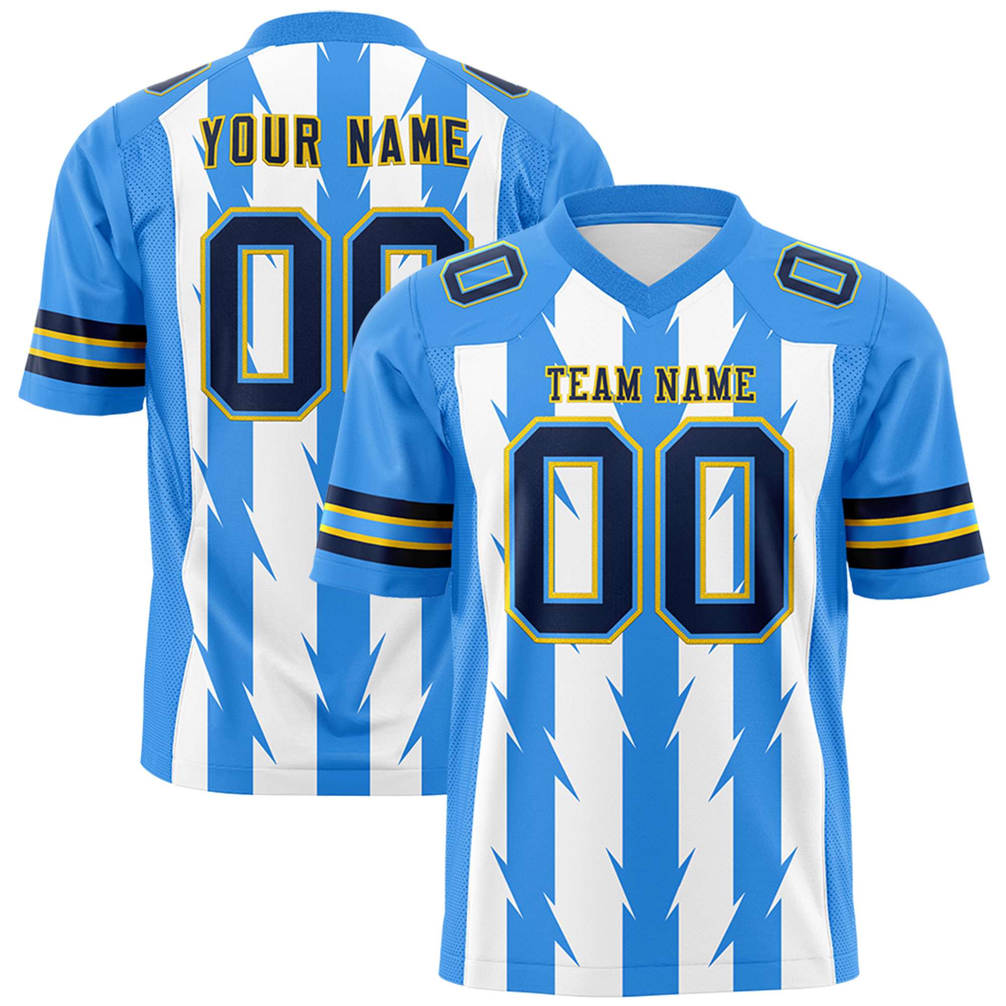 Custom White Powder Blue Personalized Razr Stripe Graffiti Pattern Flag Football Jersey Main image