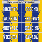 Custom Gold Royal Personalized Razr Stripe Graffiti Pattern Flag Football Jersey
