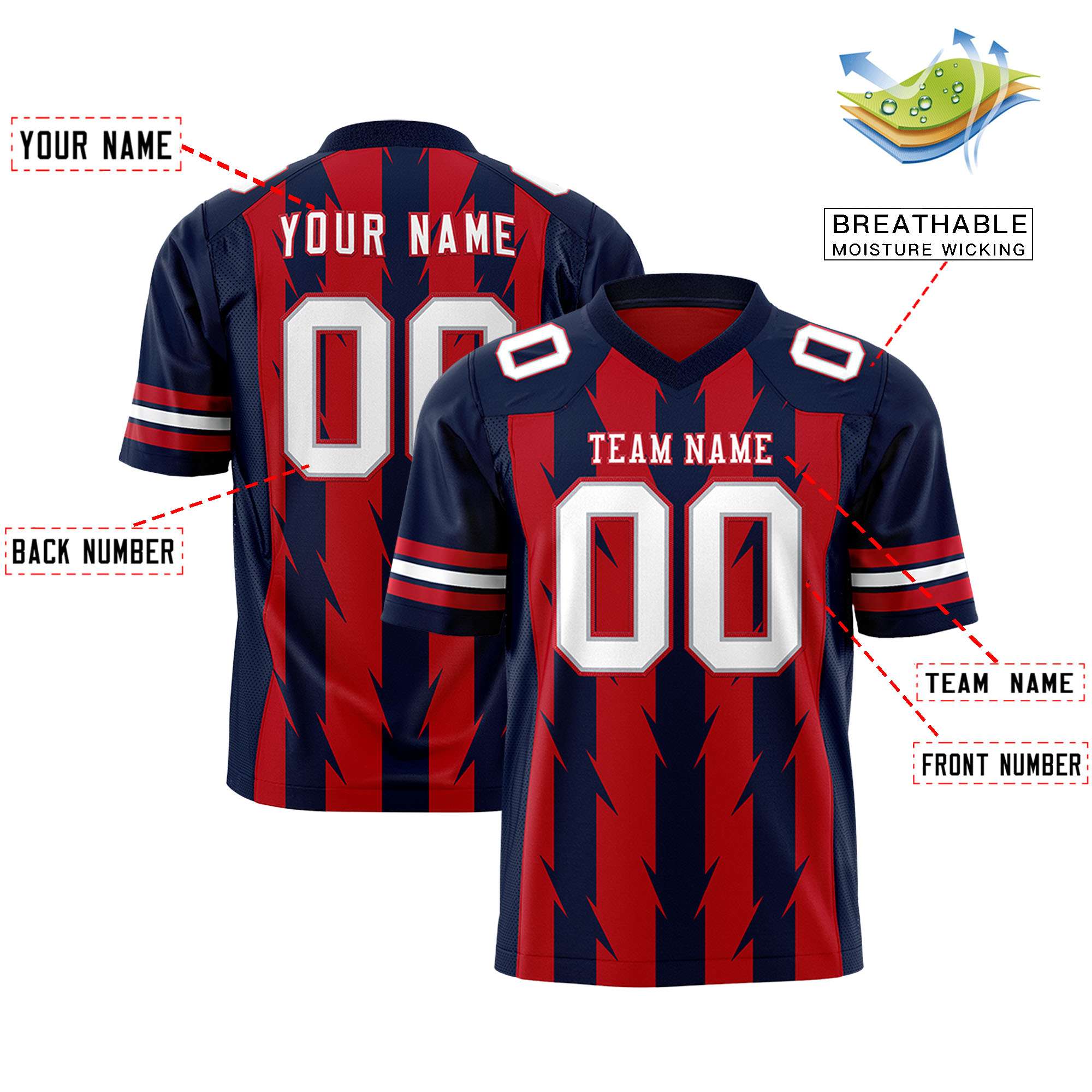 Custom Red Navy Personalized Razr Stripe Graffiti Pattern Flag Football Jersey Secondary image