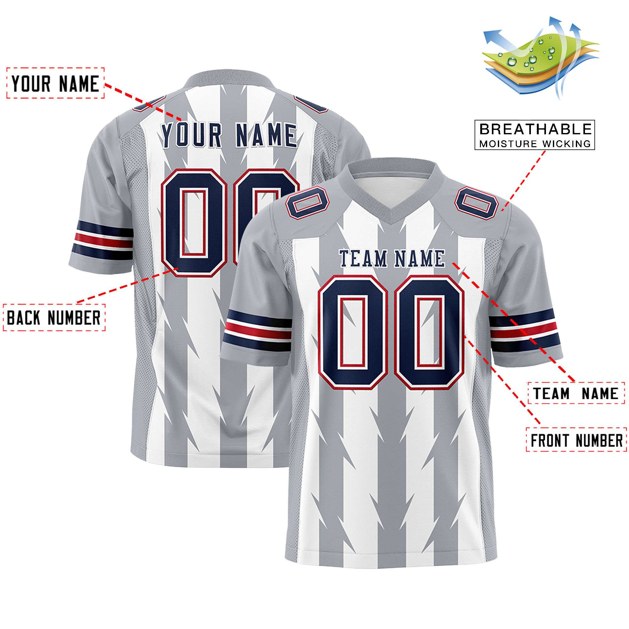 Custom White Gray Personalized Razr Stripe Graffiti Pattern Flag Football Jersey Secondary image