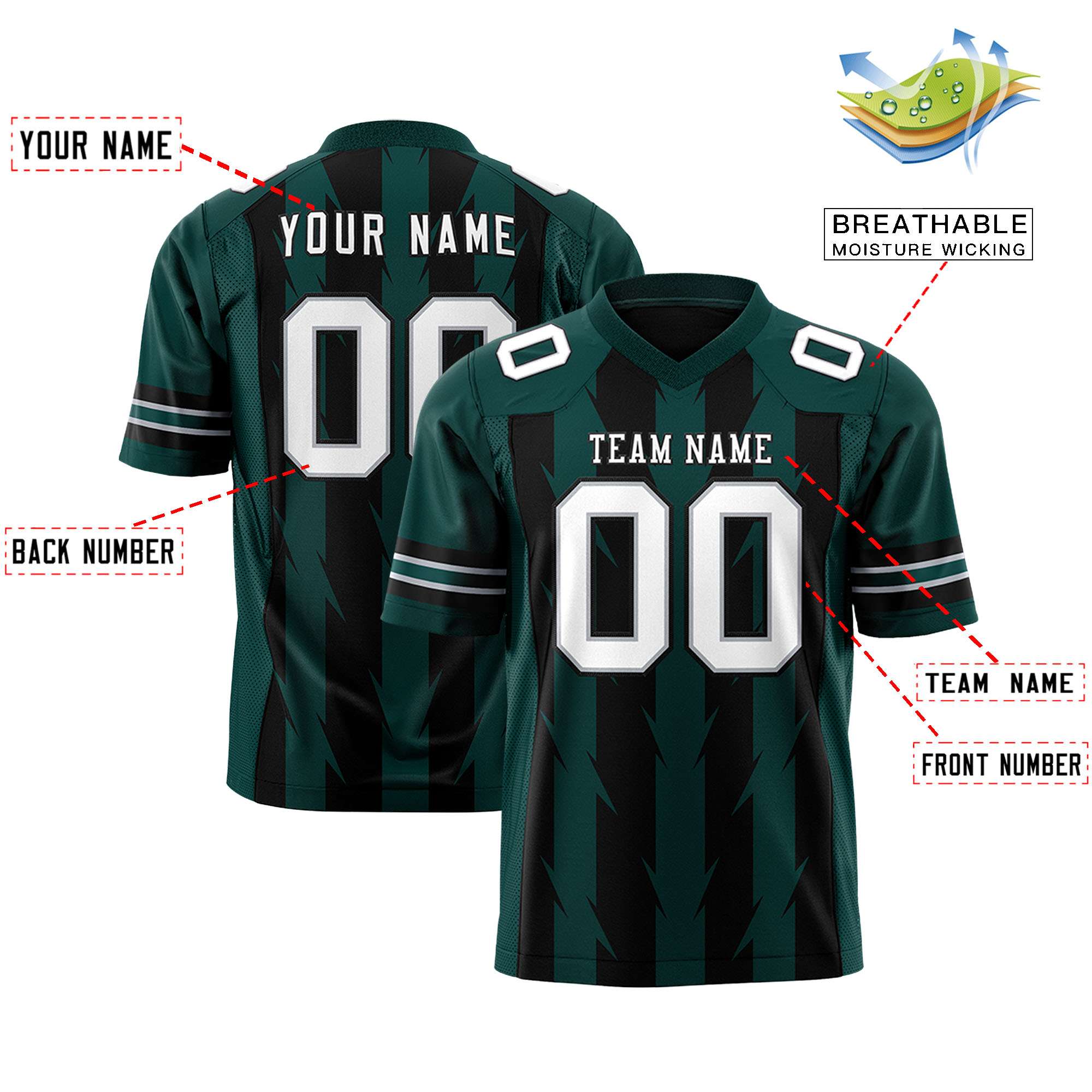 Custom Black Midnight Green Personalized Razr Stripe Graffiti Pattern Flag Football Jersey Secondary image
