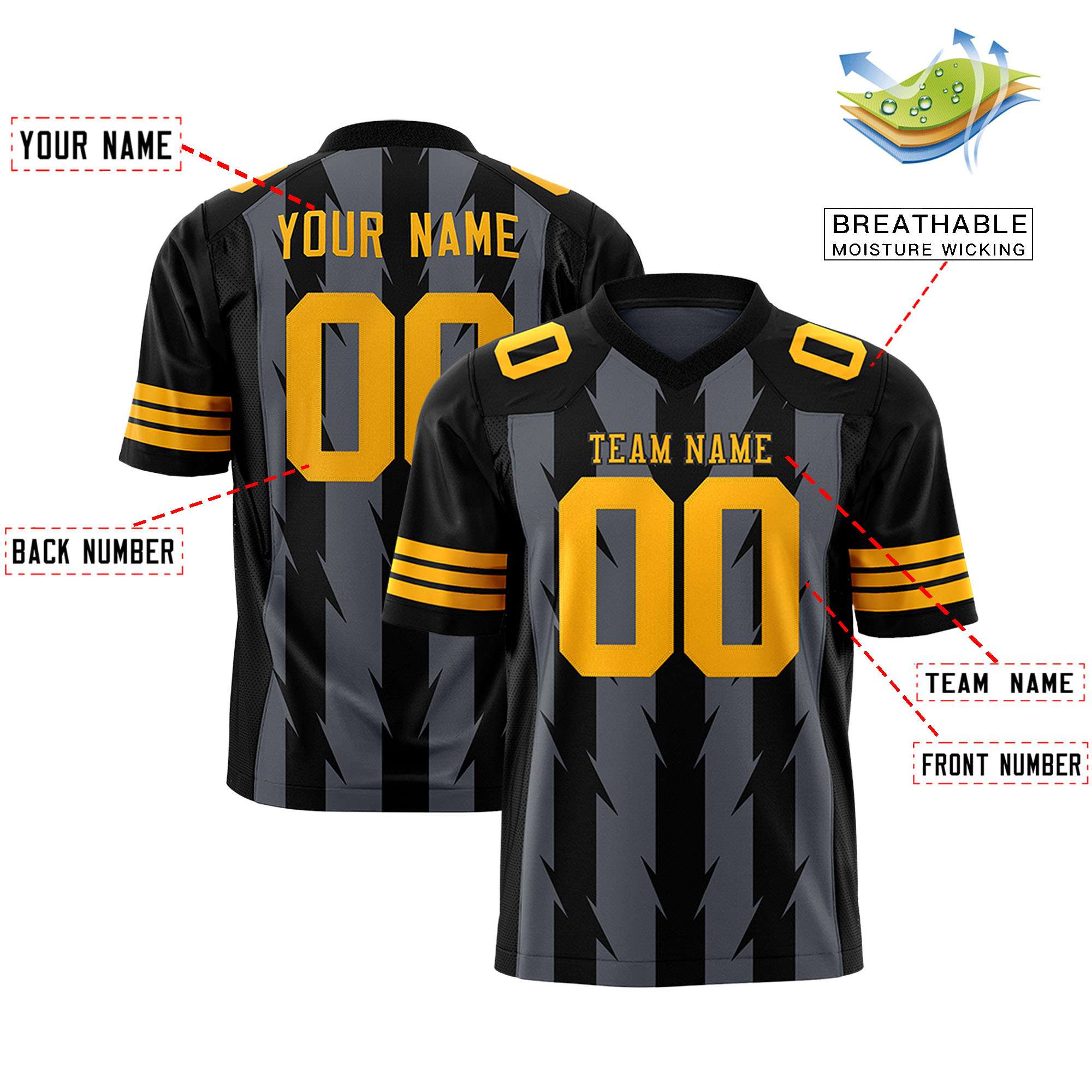 Custom Dark Gray Black Personalized Razr Stripe Graffiti Pattern Flag Football Jersey Secondary image