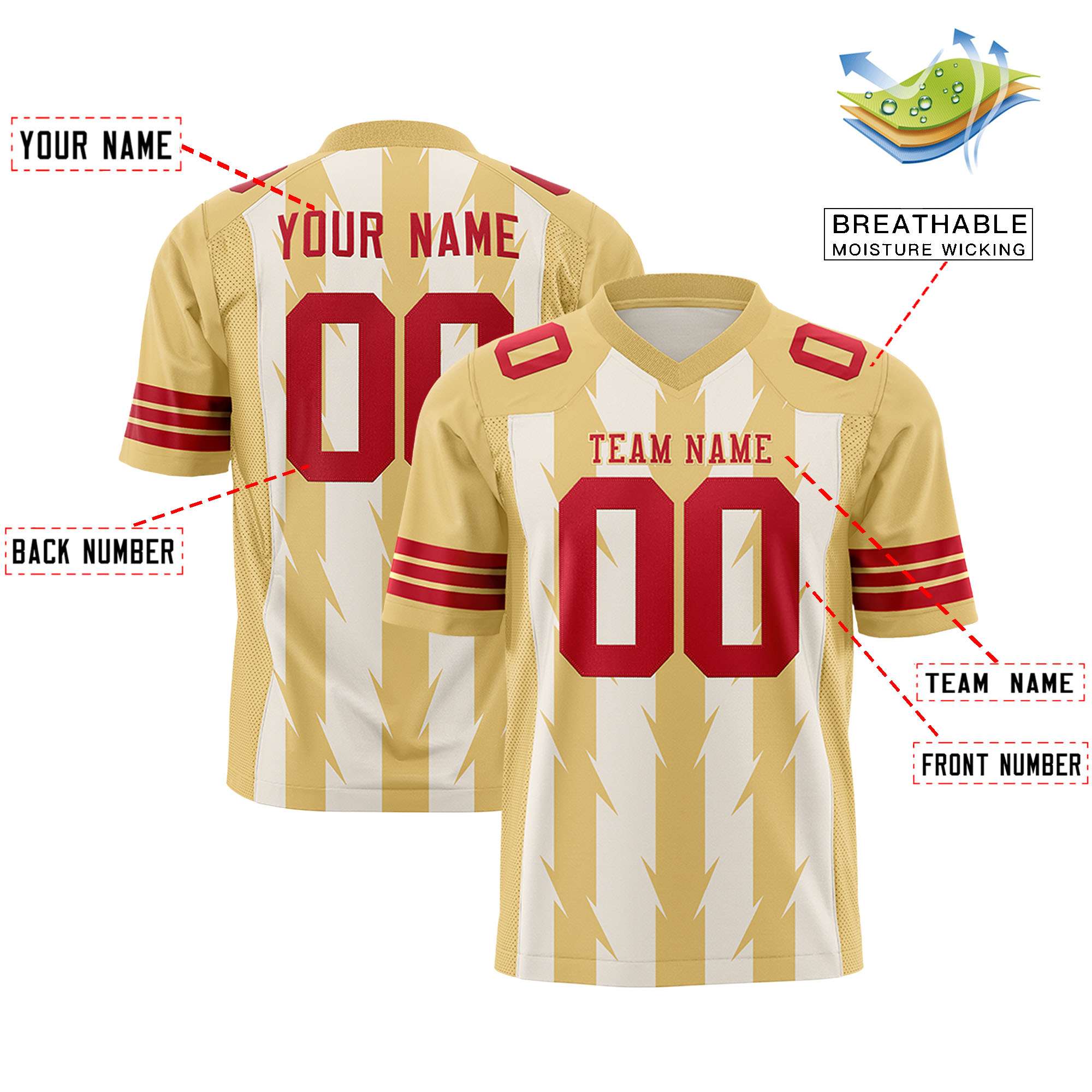 Custom Cream Khaki Personalized Razr Stripe Graffiti Pattern Flag Football Jersey Secondary image