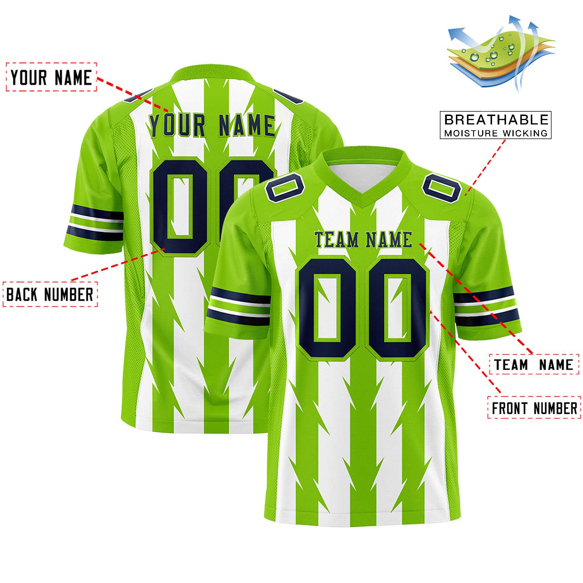 Custom White Neon Green Personalized Razr Stripe Graffiti Pattern Flag Football Jersey Secondary image