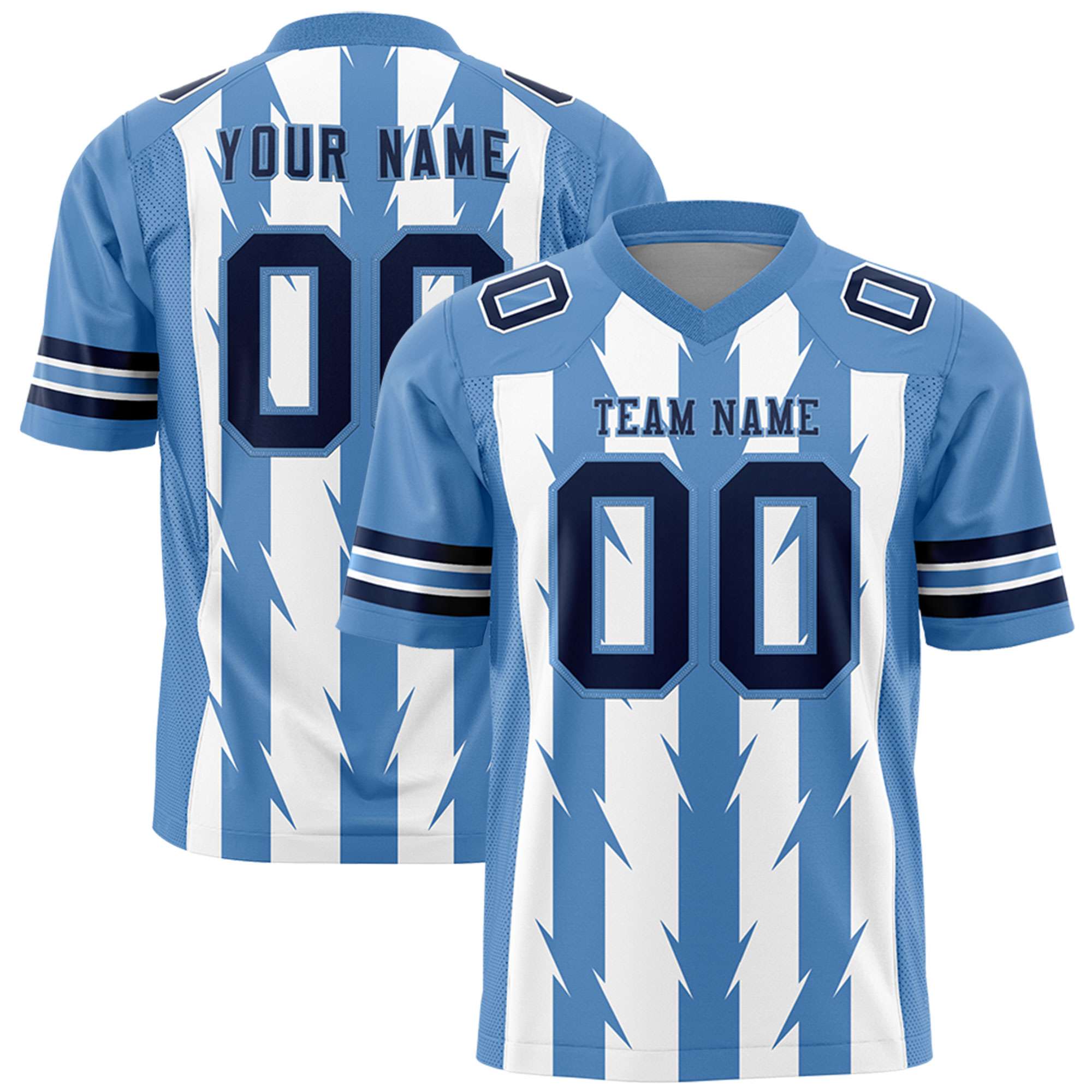 Custom White Light Blue Personalized Razr Stripe Graffiti Pattern Flag Football Jersey Main image