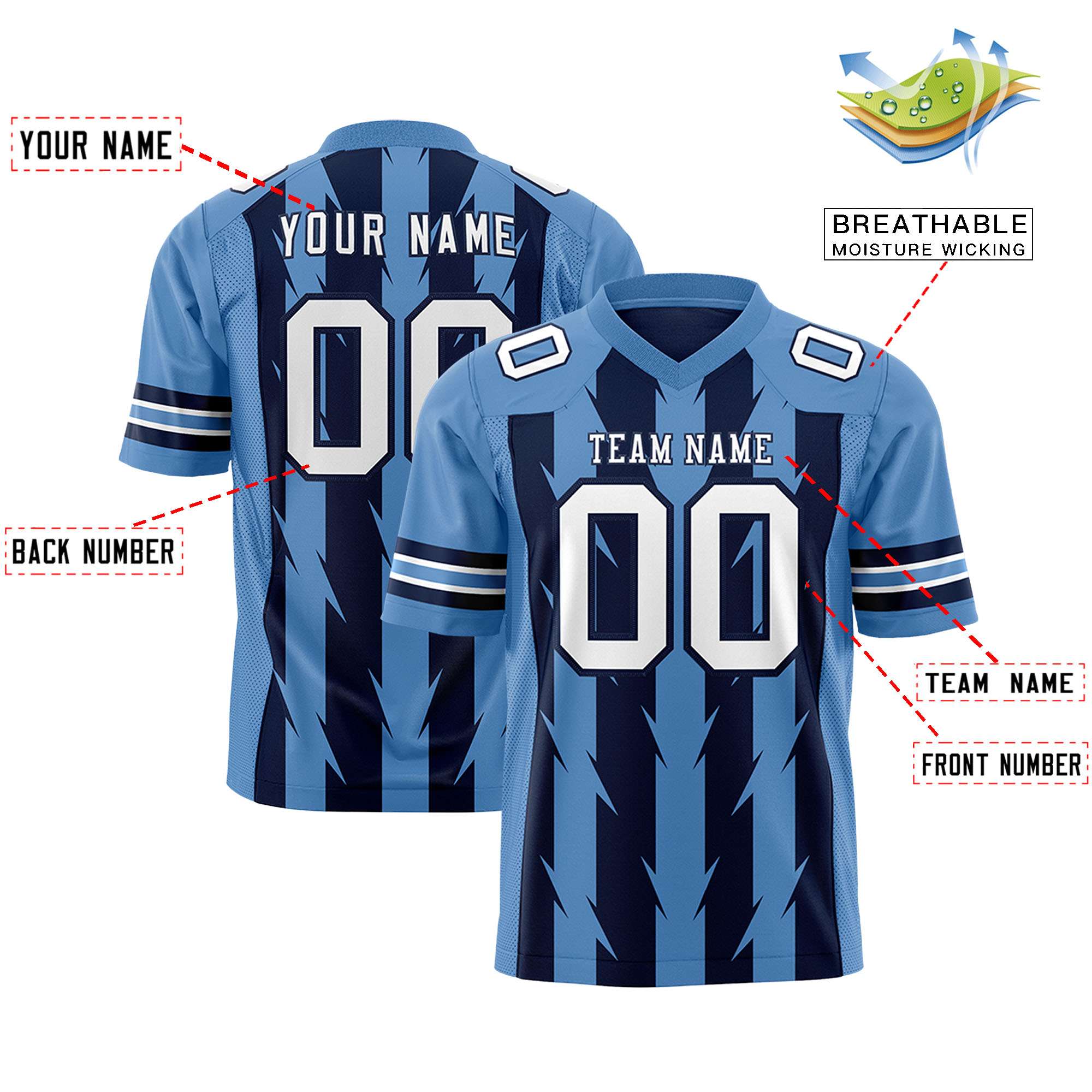 Custom Navy Light Blue Personalized Razr Stripe Graffiti Pattern Flag Football Jersey Secondary image