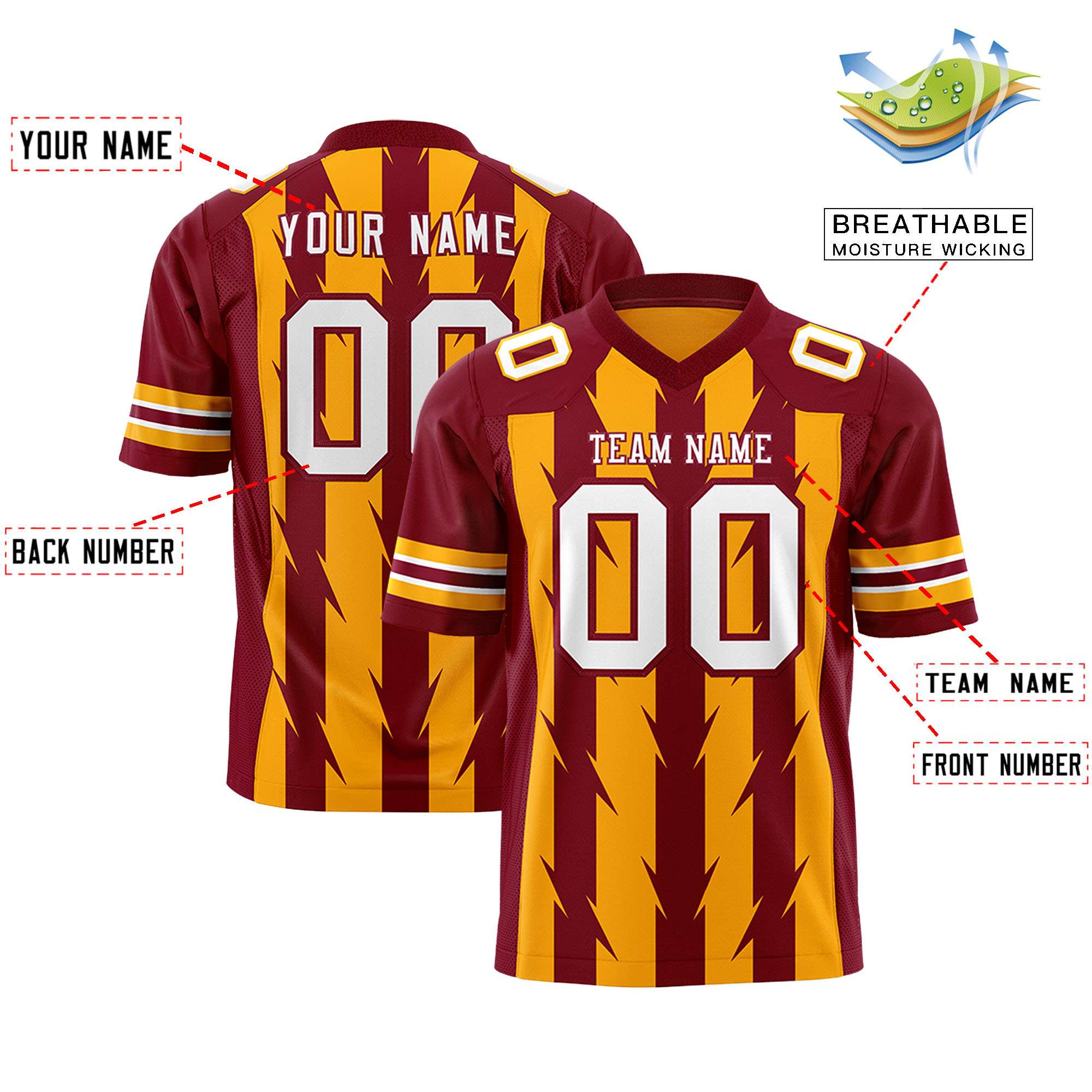Custom Yellow Crimson Personalized Razr Stripe Graffiti Pattern Flag Football Jersey