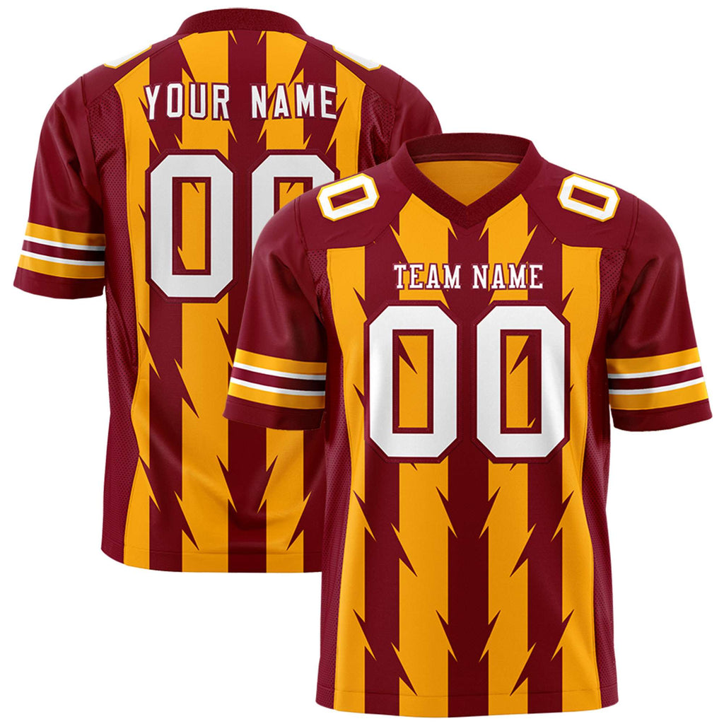 Custom Yellow Crimson Personalized Razr Stripe Graffiti Pattern Flag Football Jersey