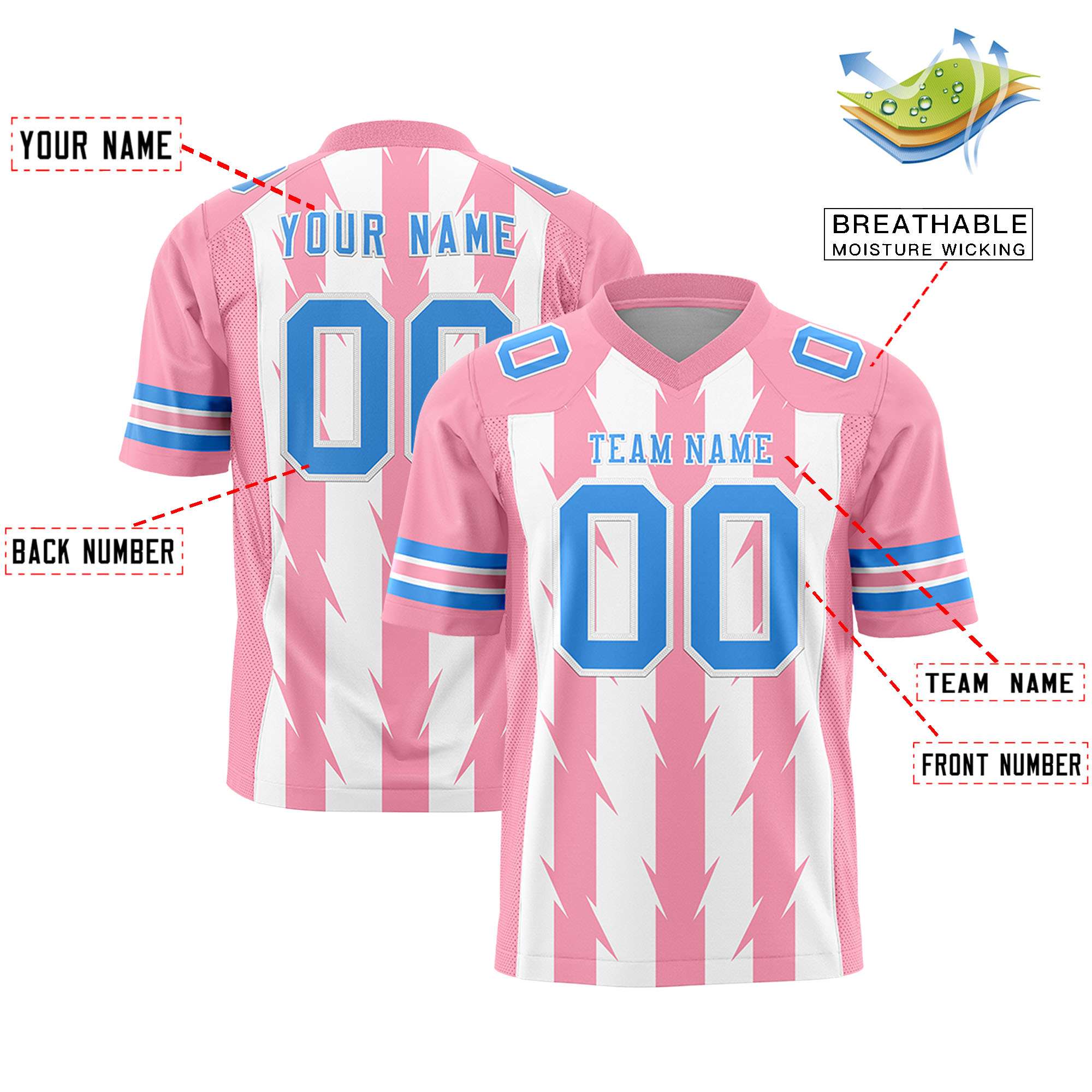Custom White Light Pink Personalized Razr Stripe Graffiti Pattern Flag Football Jersey Secondary image