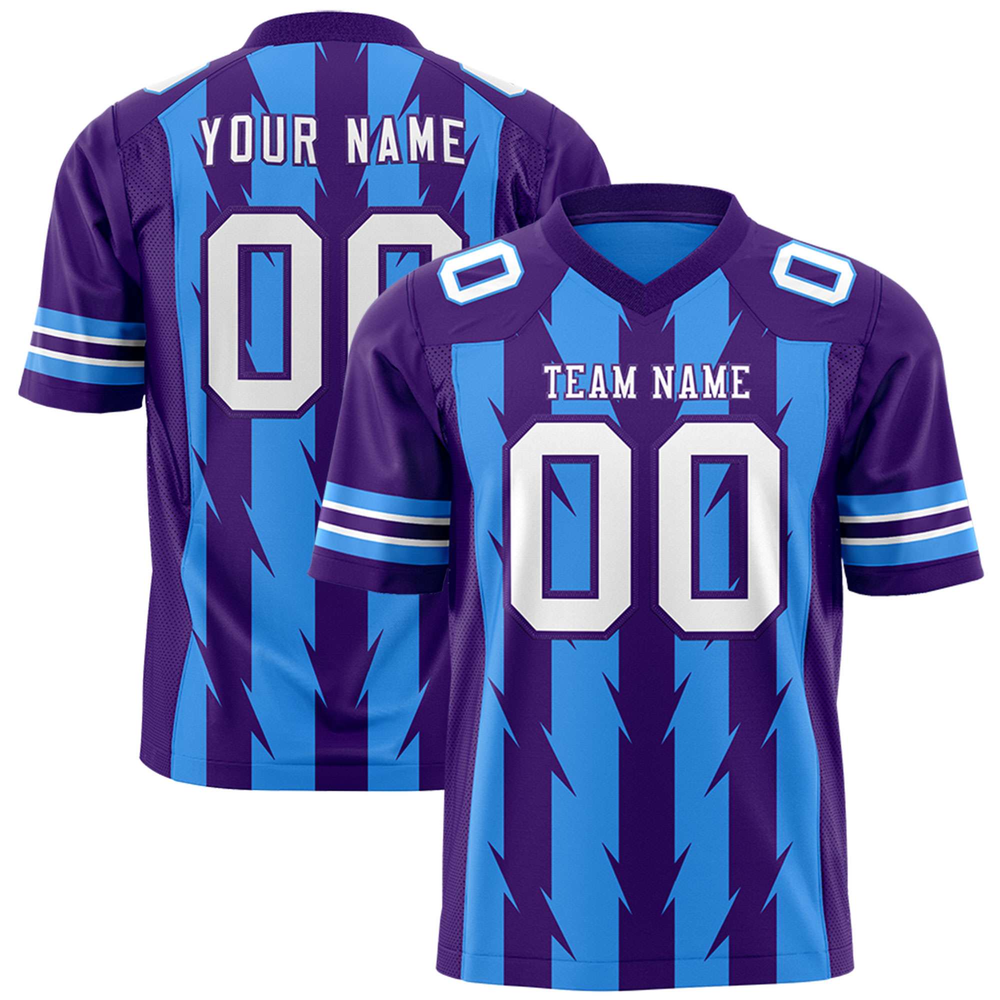 Custom Powder Blue Purple Personalized Razr Stripe Graffiti Pattern Flag Football Jersey Main image