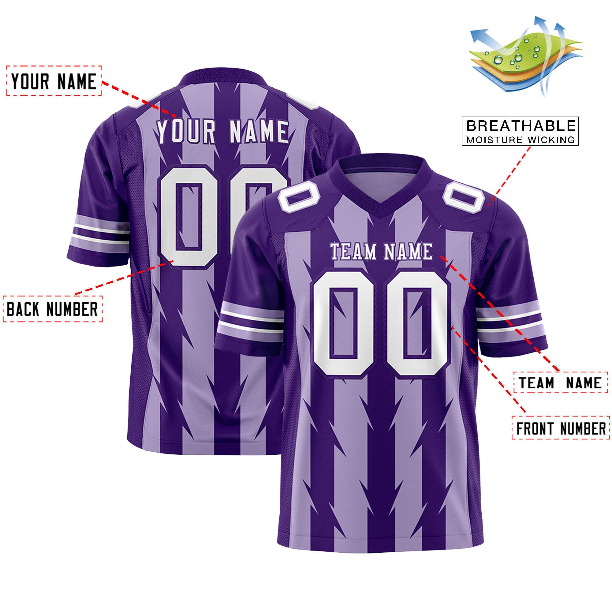 Custom Light Purple Purple Personalized Razr Stripe Graffiti Pattern Flag Football Jersey Secondary image