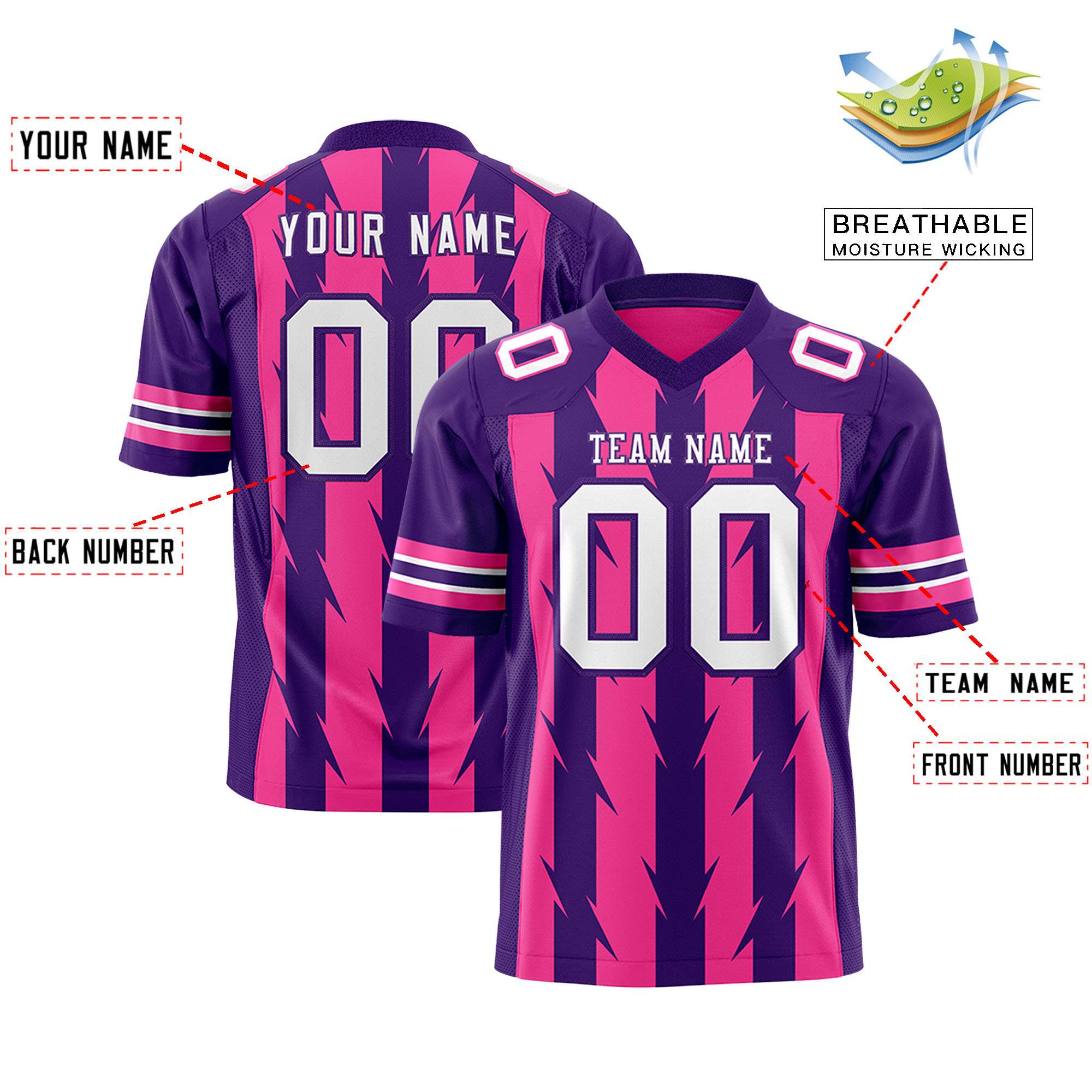 Custom Pink Purple Personalized Razr Stripe Graffiti Pattern Flag Football Jersey Secondary image