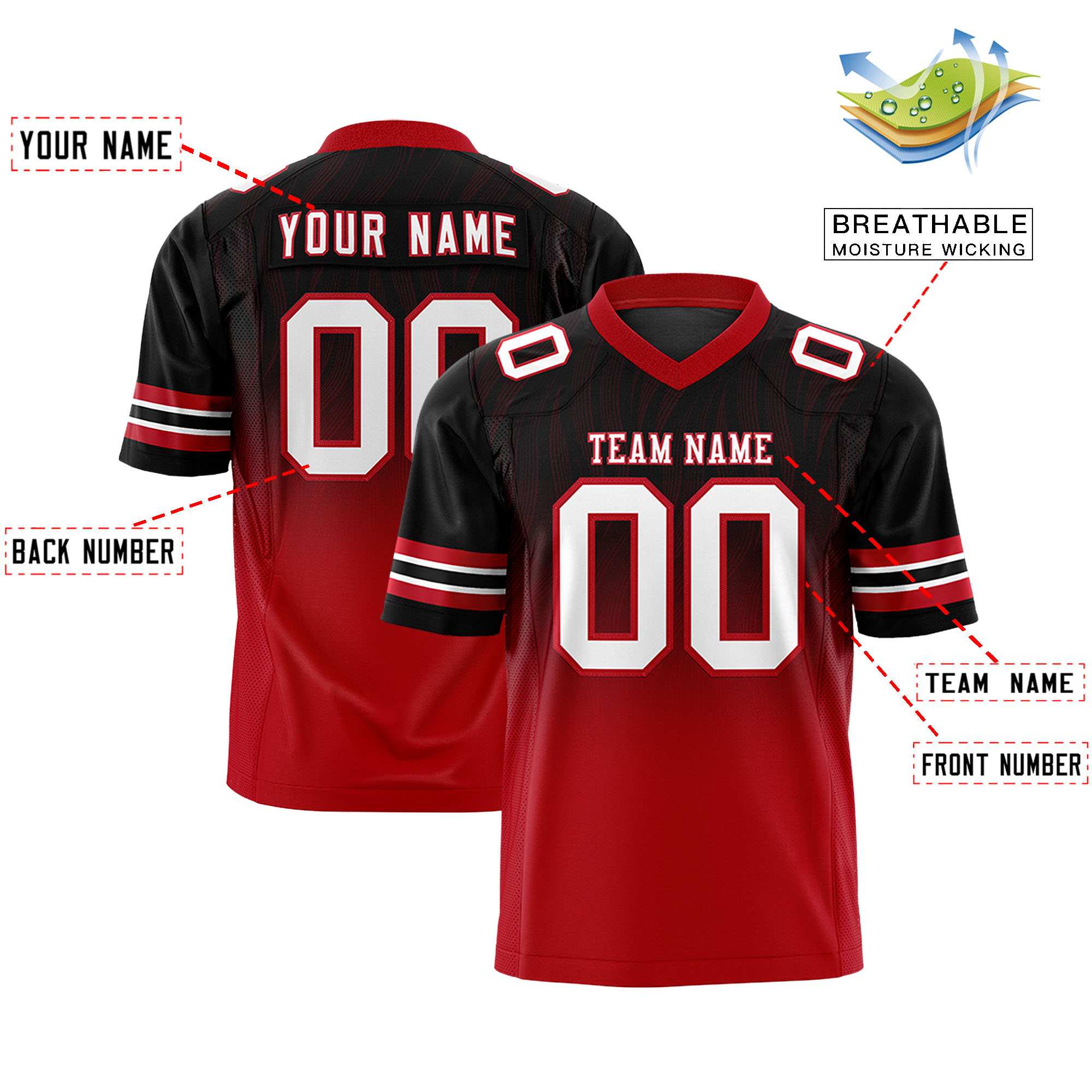 Custom Black Red Gradient Fashion Outdoor Flag Football Jersey Secondary image