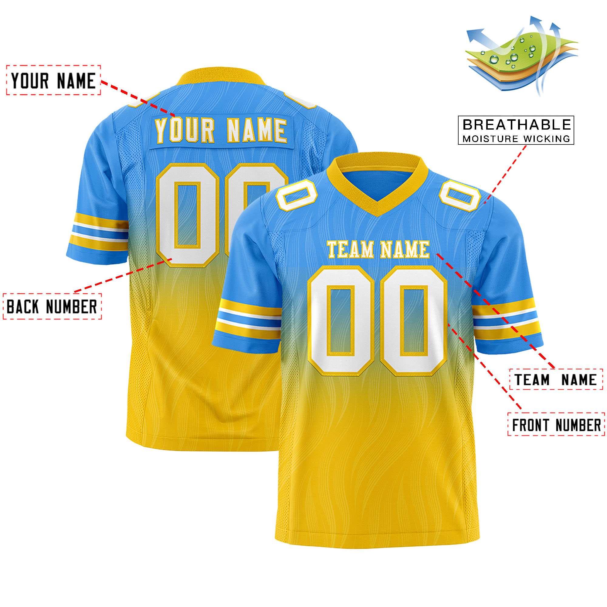 Custom Powder Blue Gold Gradient Fashion Outdoor Flag Football Jersey Secondary image