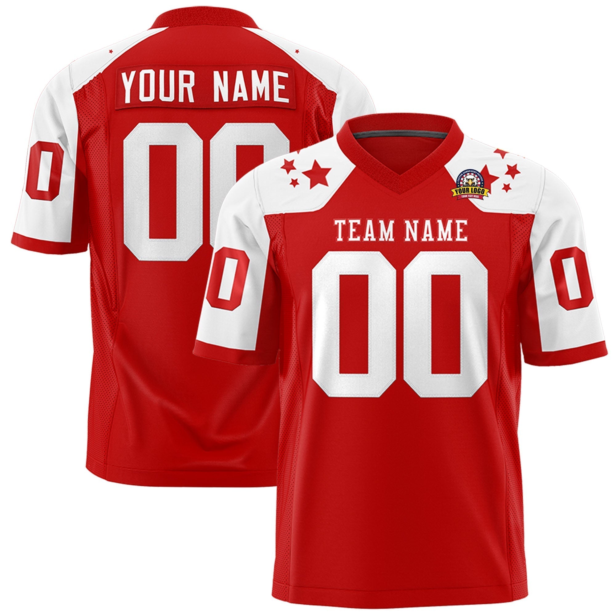 Custom Red White Personalized Shoulder Star Pattern Flag Football Jersey Main image