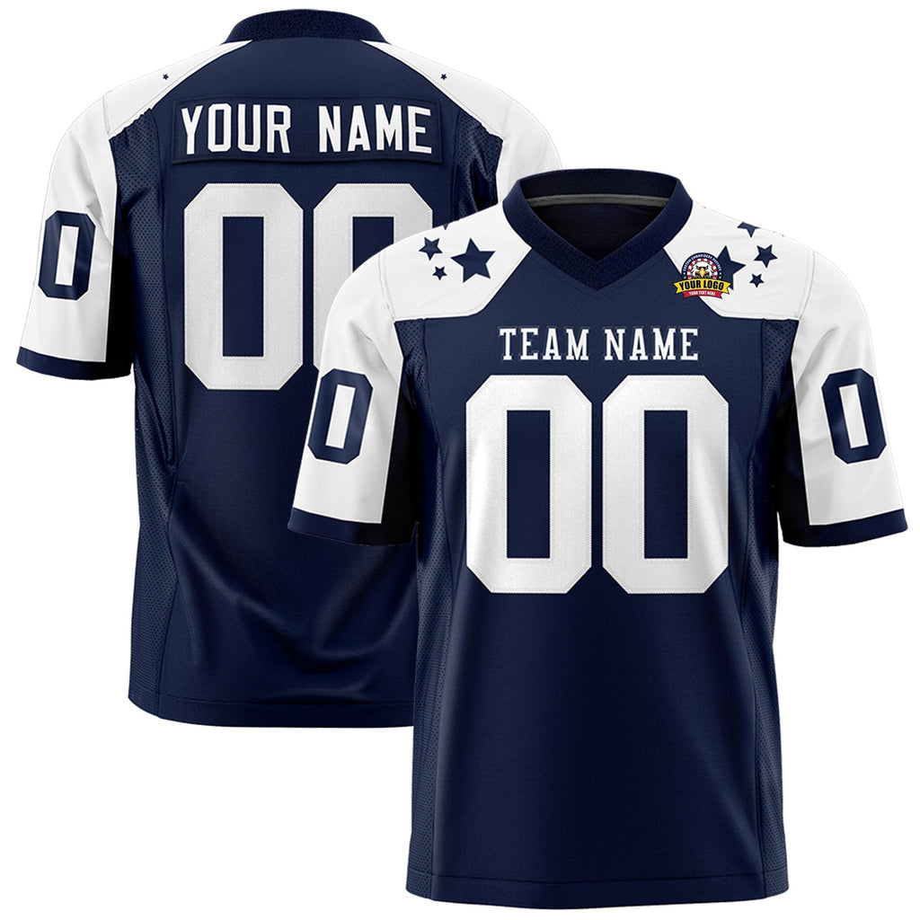 Custom Navy White Personalized Shoulder Star Pattern Flag Football Jersey