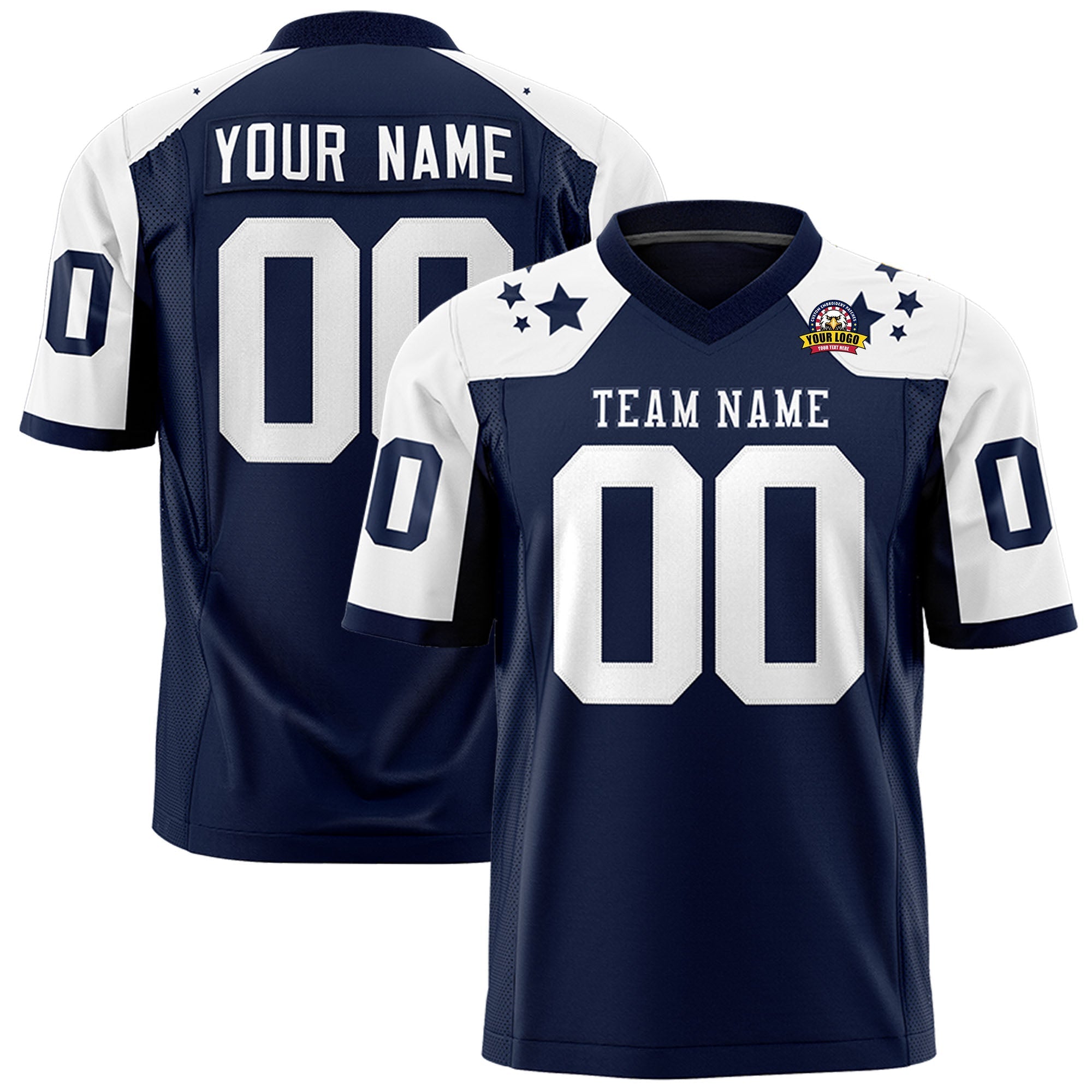 Custom Navy White Personalized Shoulder Star Pattern Flag Football Jersey