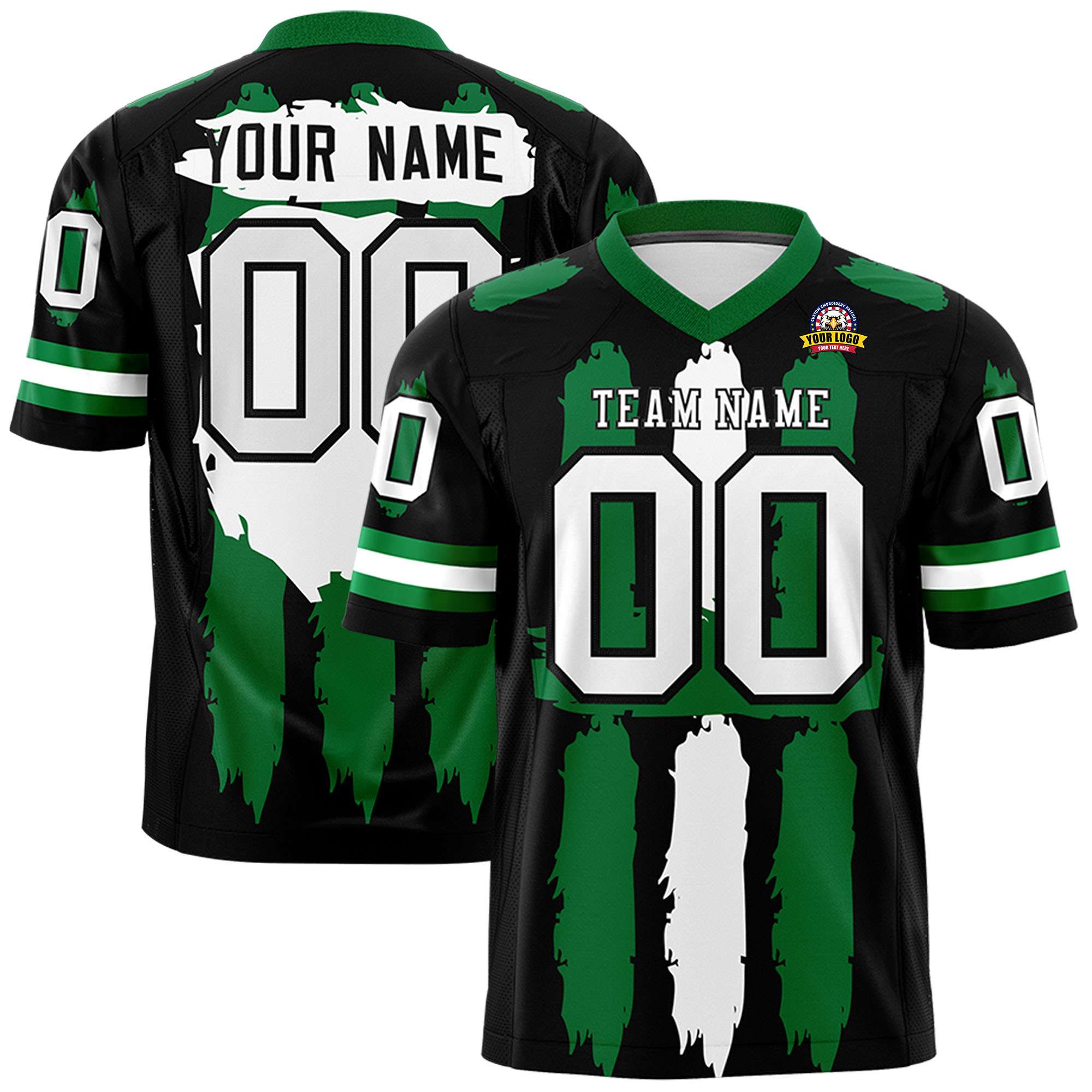 Custom Black Kelly Green and White Graffiti Pattern Flag Football Jerseys Main image