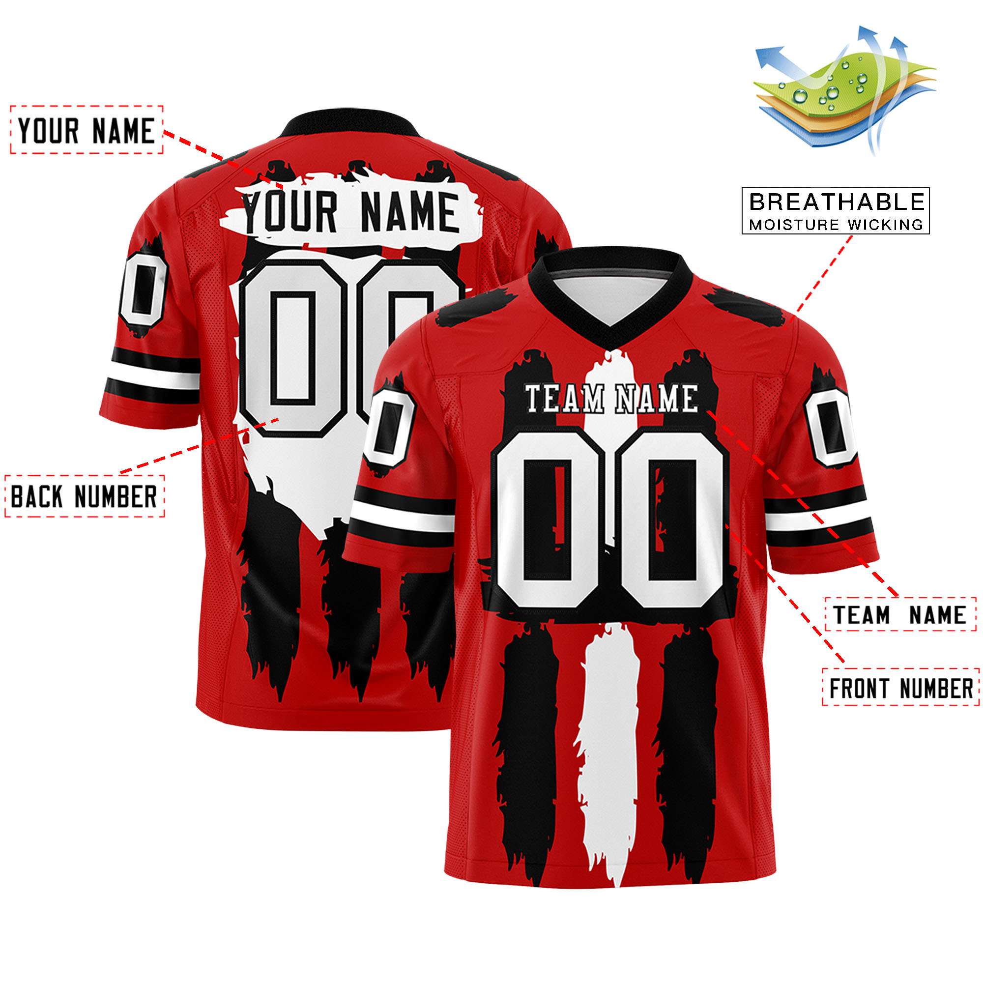 Custom Red Black and White Graffiti Pattern Flag Football Jerseys Secondary image