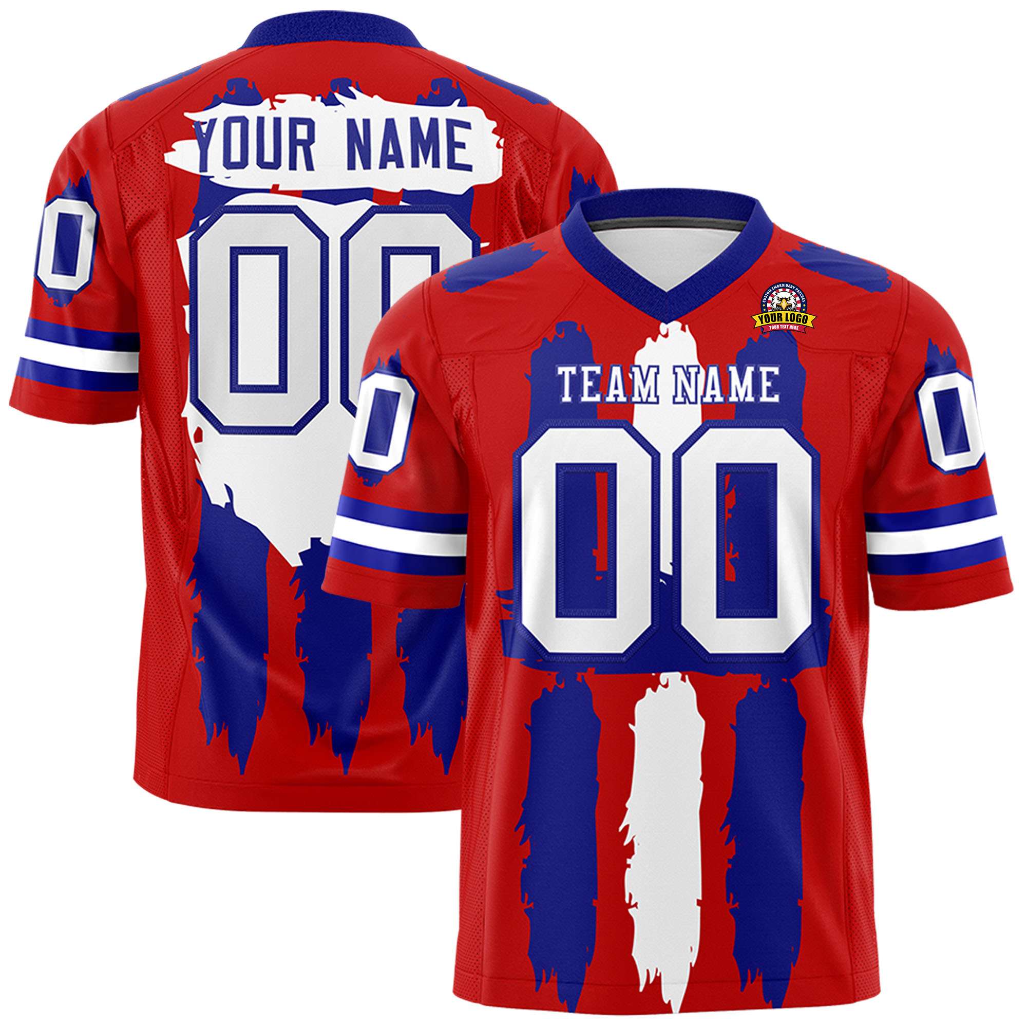 Custom Red Royal and White Graffiti Pattern Flag Football Jerseys Main image