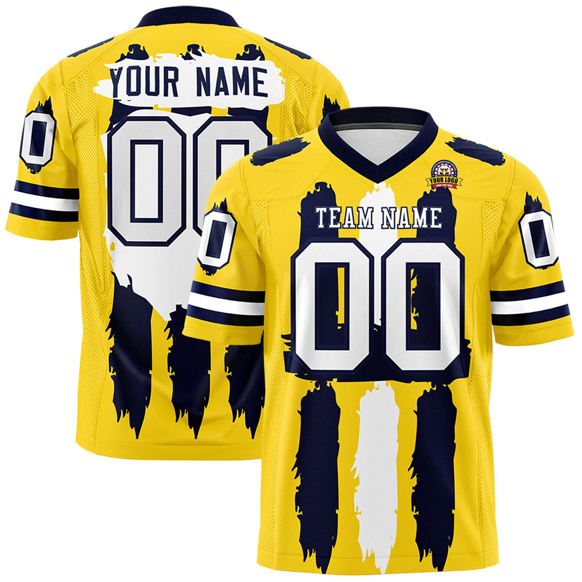 Custom Gold Navy and White Graffiti Pattern Flag Football Jerseys Main image