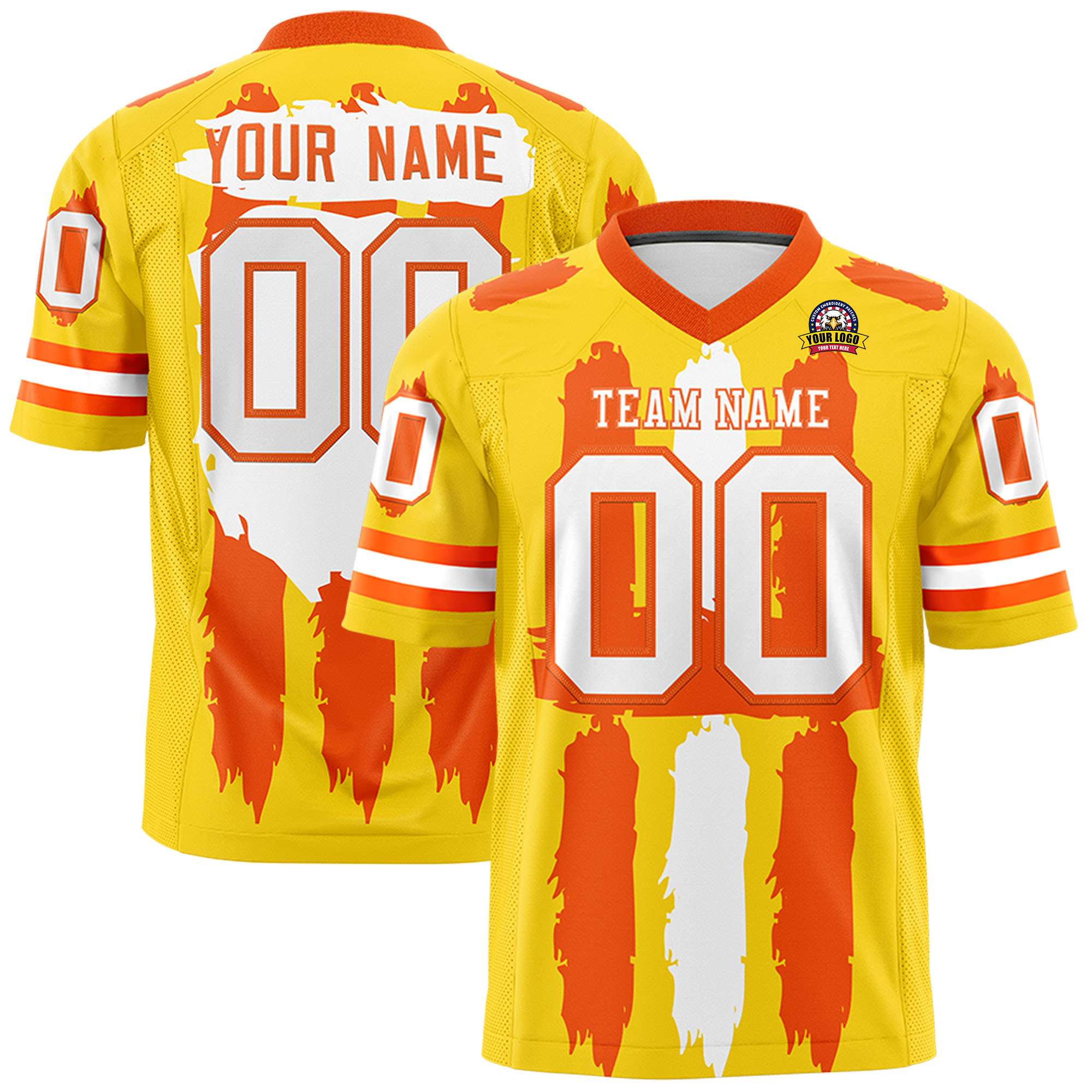 Custom Gold Orange and White Graffiti Pattern Flag Football Jerseys Main image