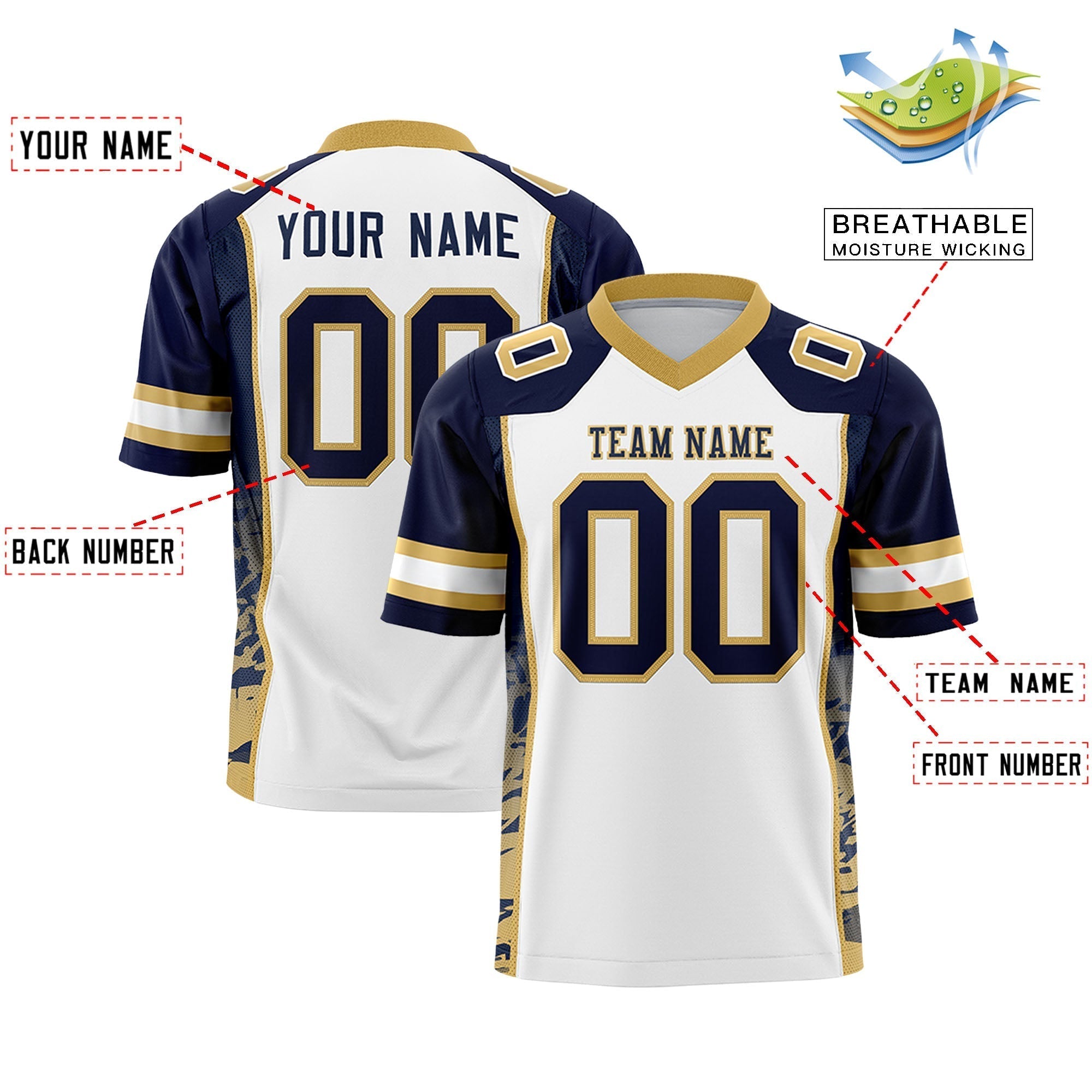 Custom White Navy-Old Gold Raglan Sleeves Personalized Side Pattern Authentic Football Jersey Secondary image