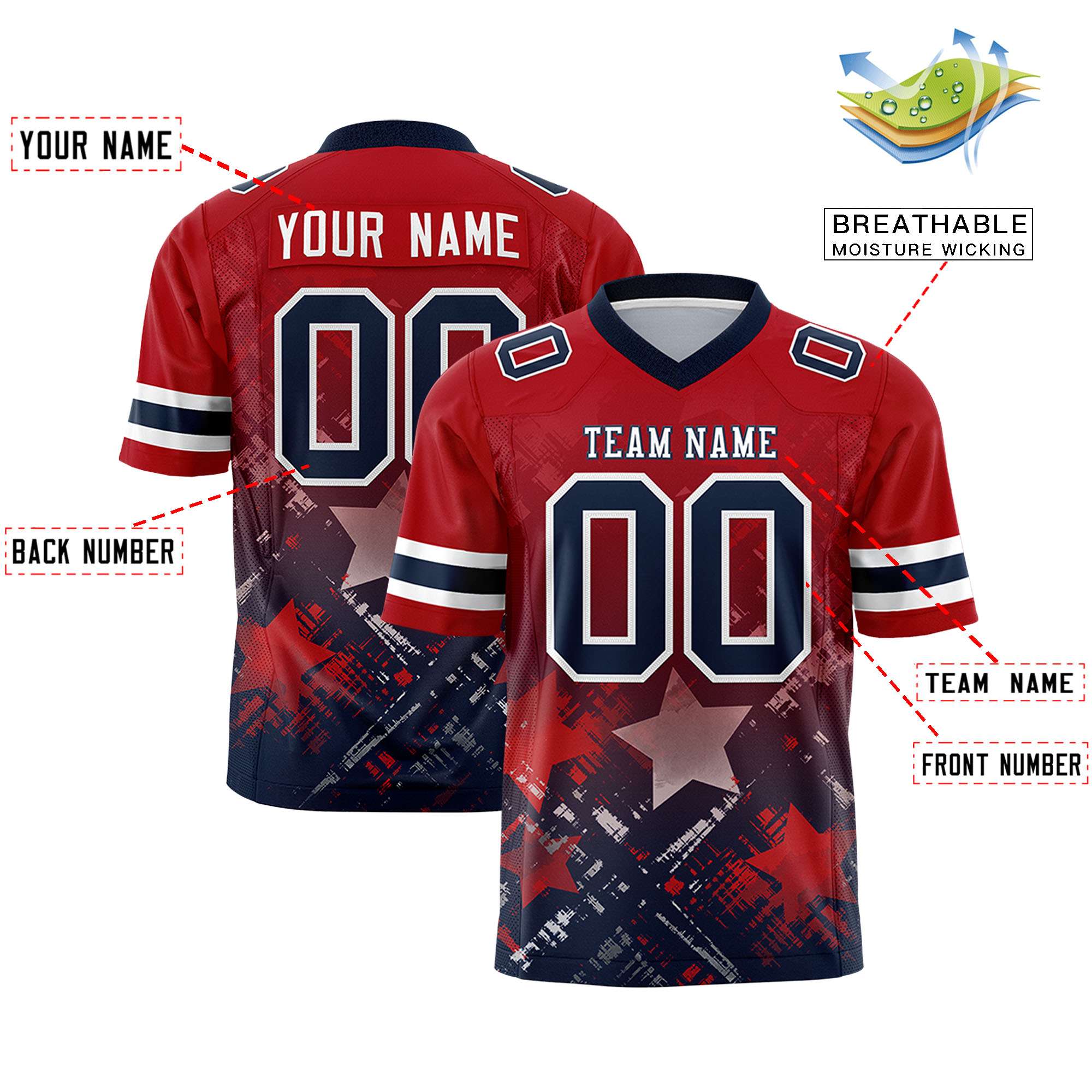 Custom Red Navy Personalized Star Gradient Flag Football Jersey Secondary image