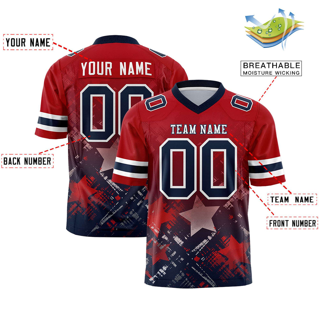 Custom Red Navy Personalized Star Gradient Flag Football Jersey