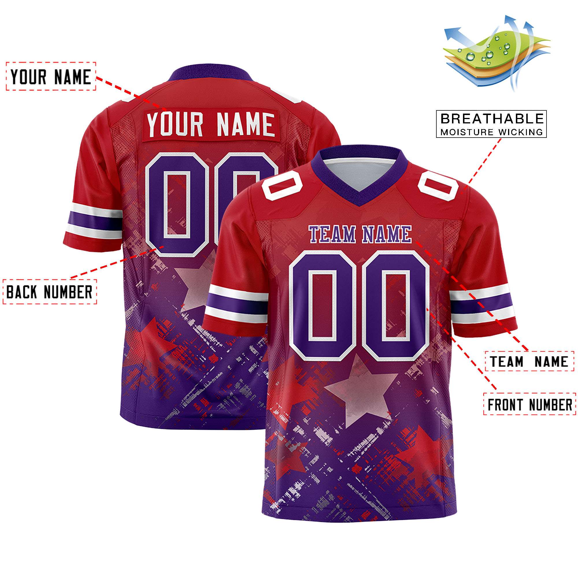 Custom Red Purple Personalized Star Gradient Flag Football Jersey Secondary image