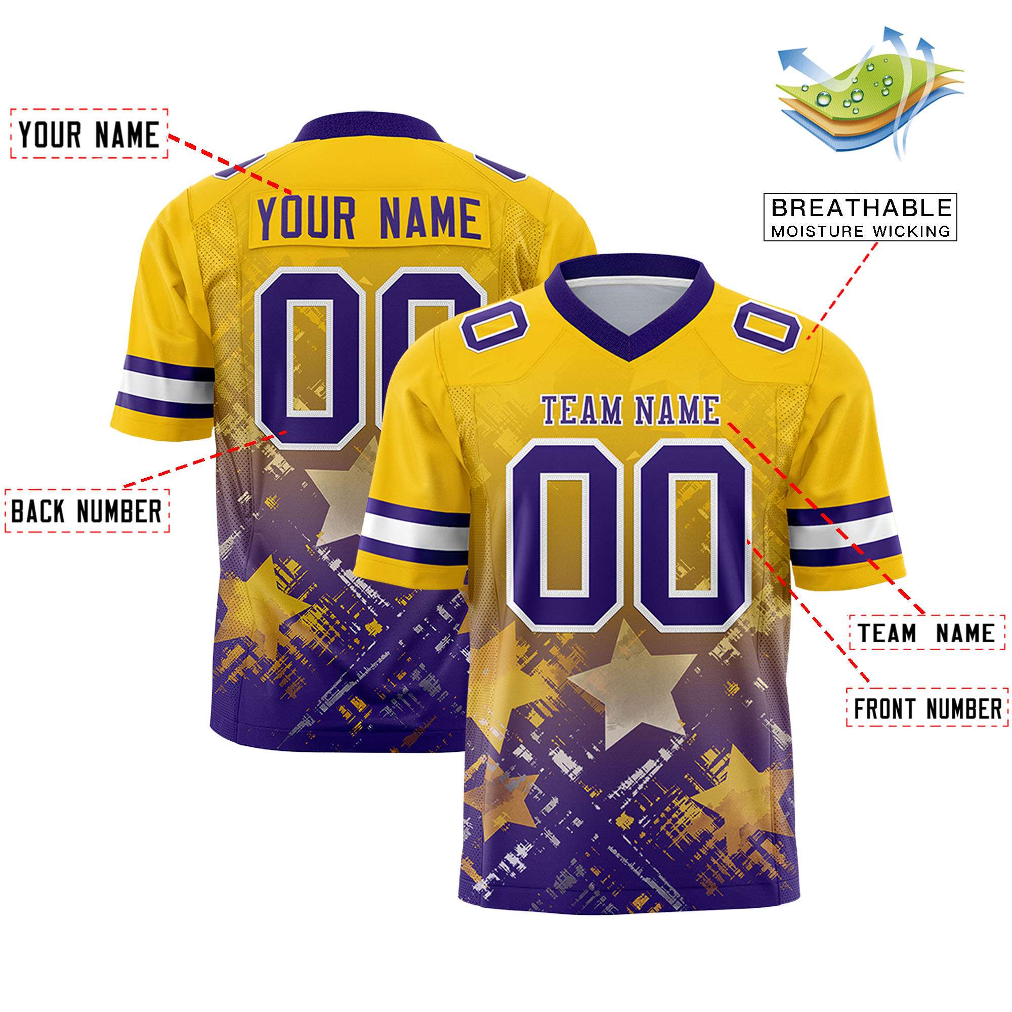 Custom Gold Purple Personalized Star Gradient Flag Football Jersey