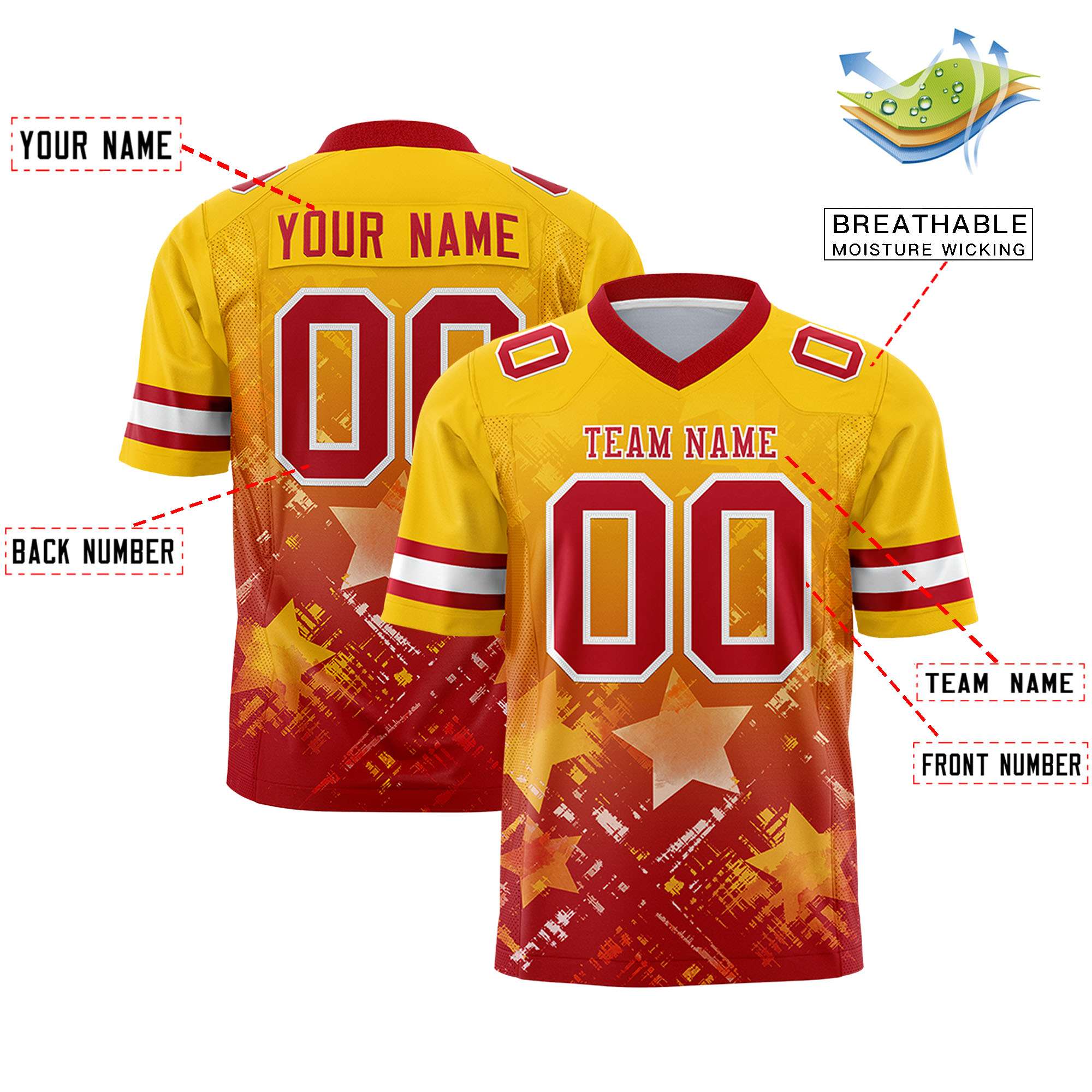 Custom Gold Red Personalized Star Gradient Flag Football Jersey