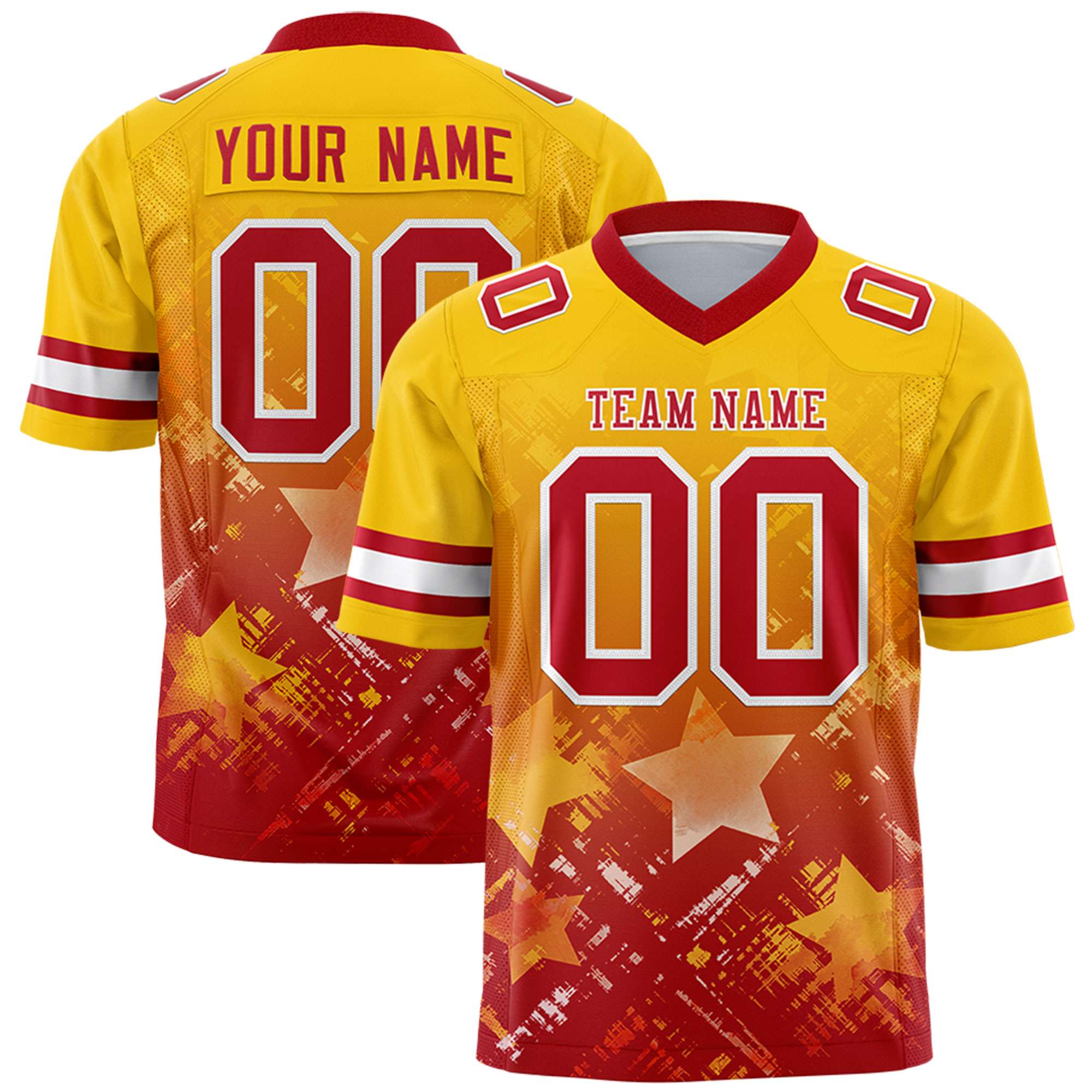 Custom Gold Red Personalized Star Gradient Flag Football Jersey