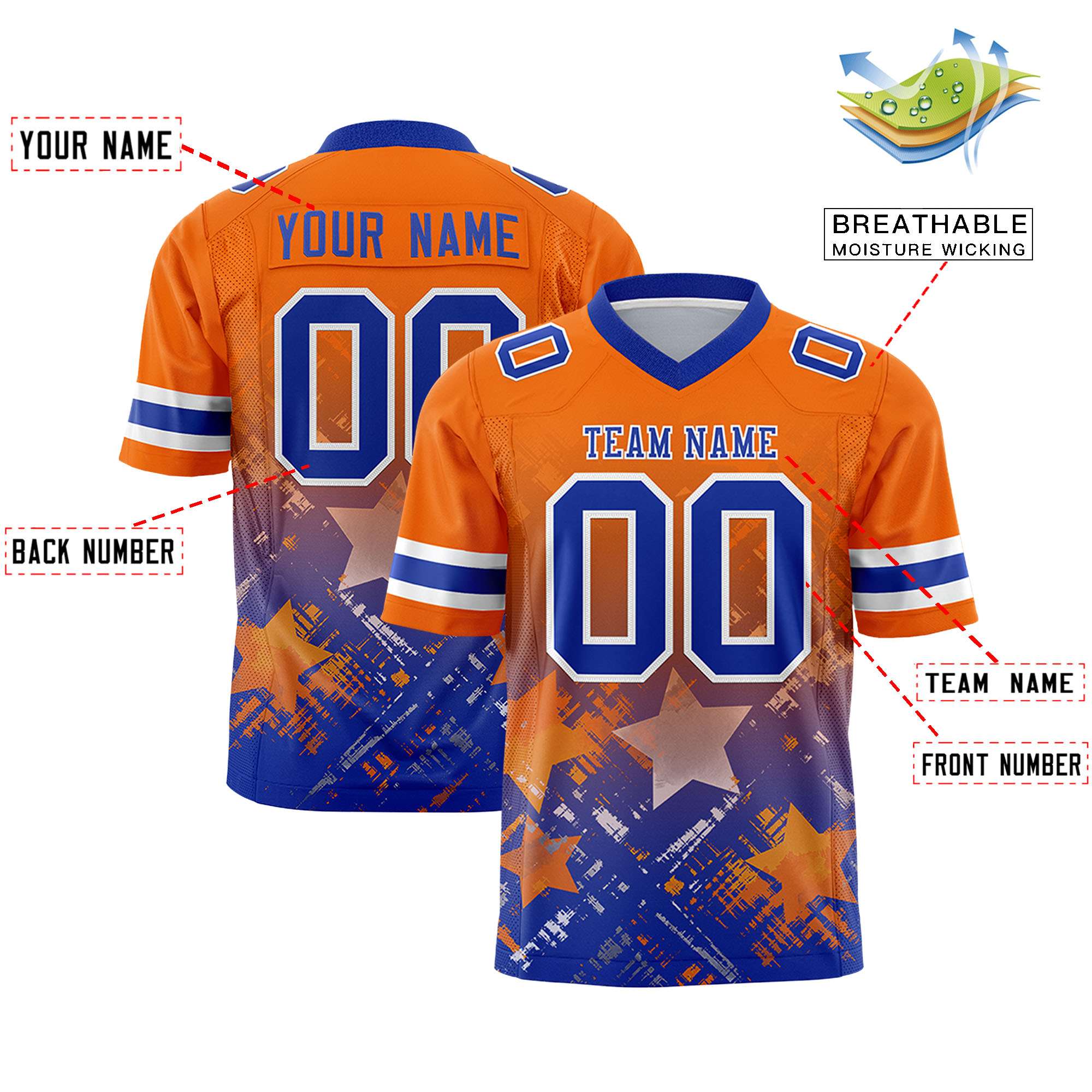 Custom Orange Royal Personalized Star Gradient Flag Football Jersey Secondary image