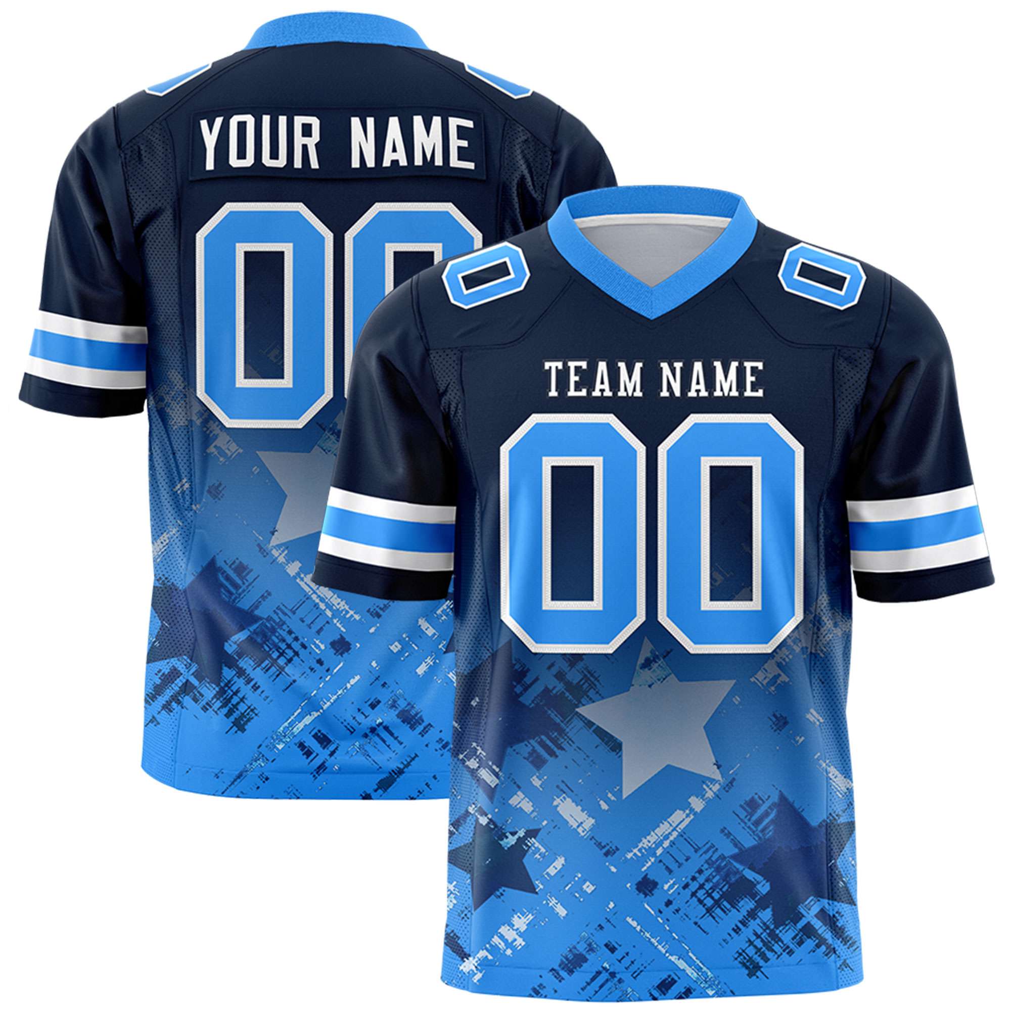 Custom Navy Light Blue Personalized Star Gradient Flag Football Jersey Main image