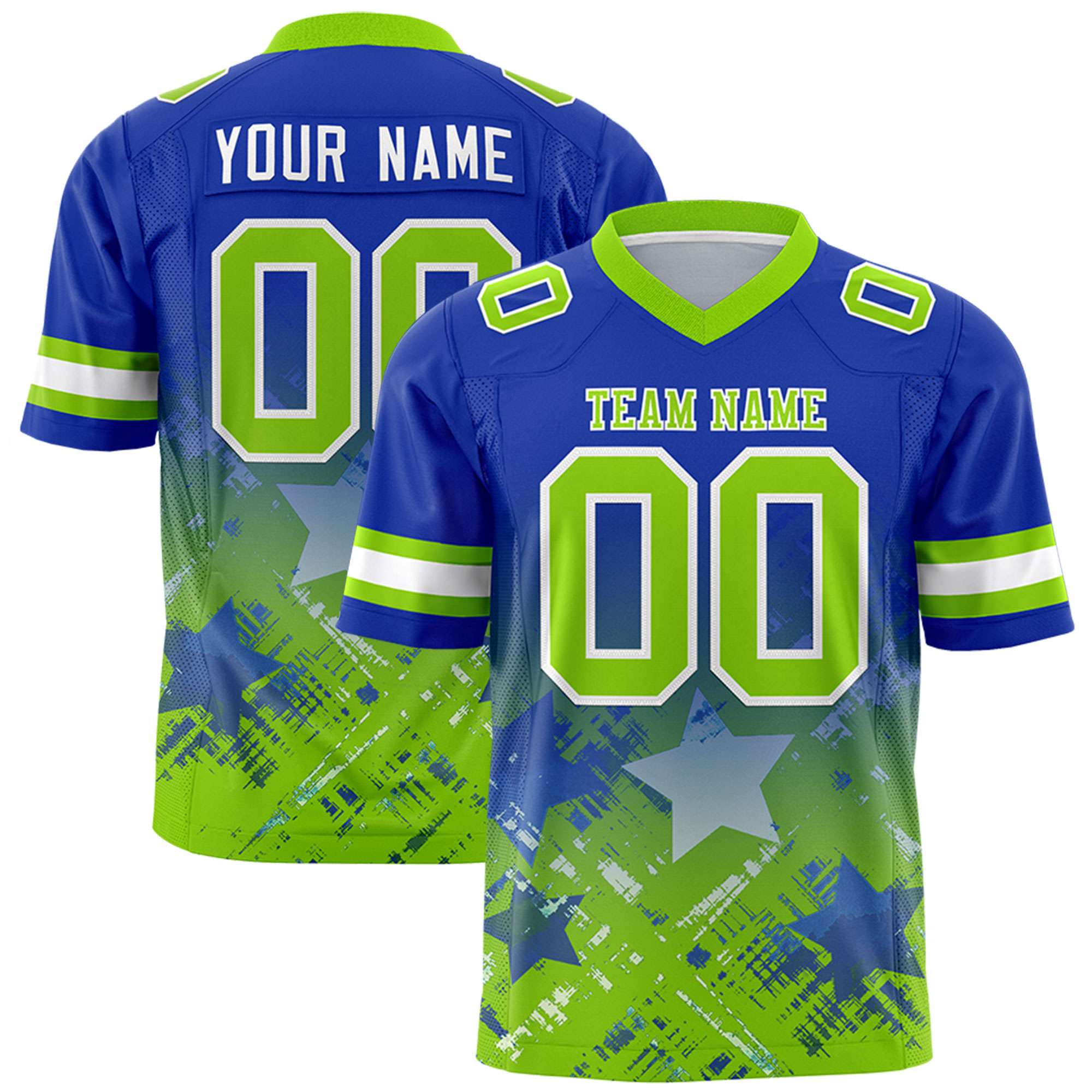 Custom Royal Neon Green Personalized Star Gradient Flag Football Jersey Main image