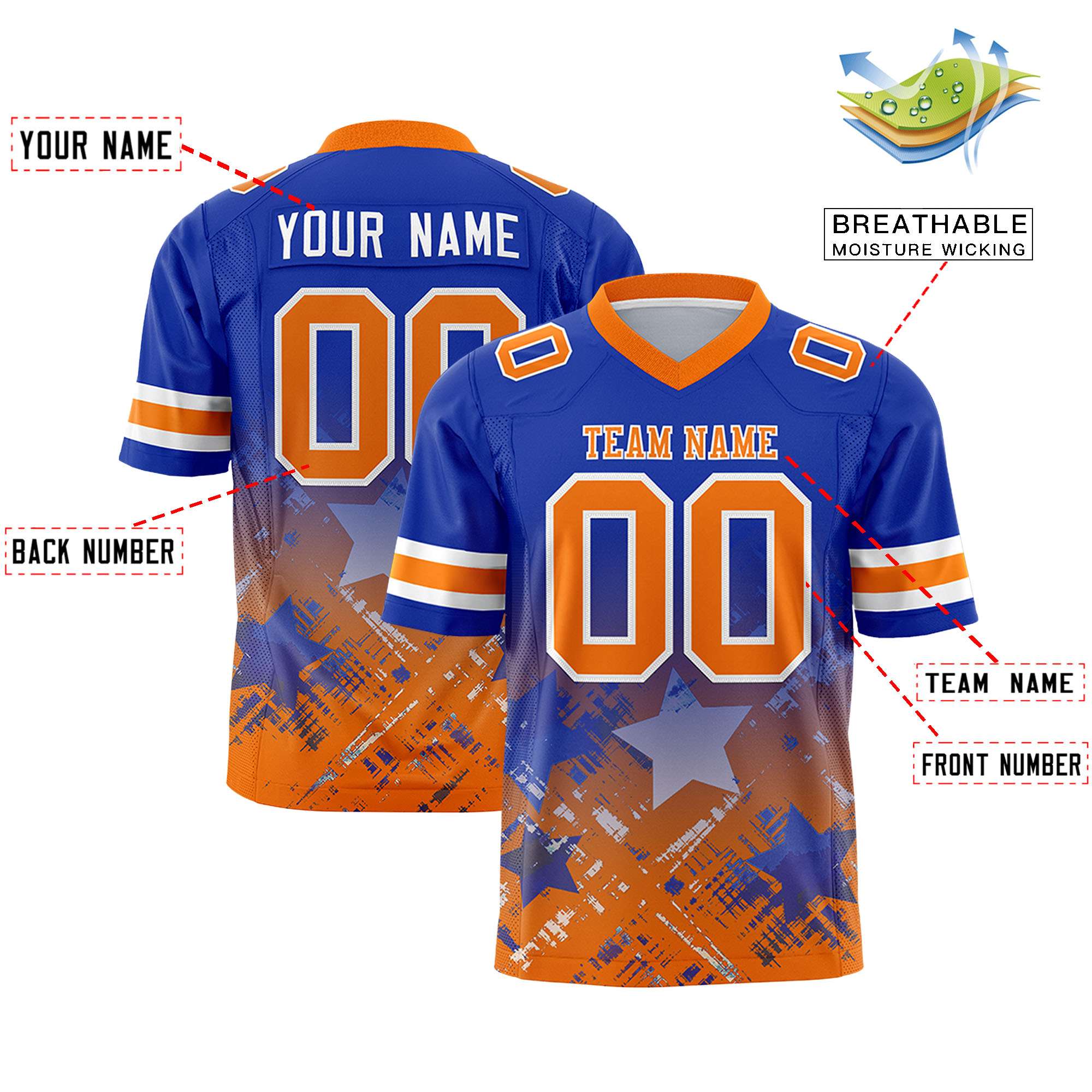 Custom Royal Orange Personalized Star Gradient Flag Football Jersey Secondary image